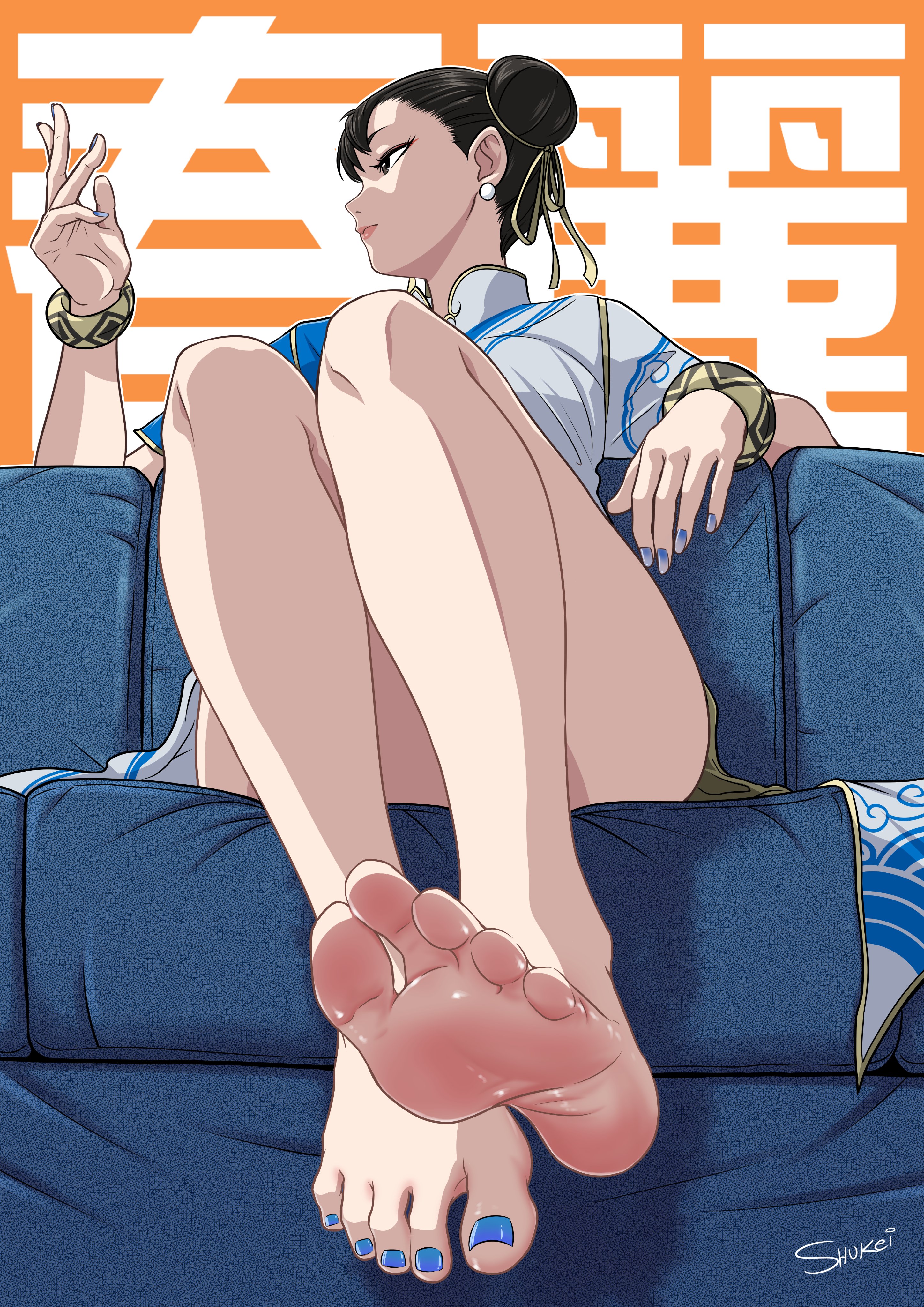 1girls, 2025, 2026, 2d, 2d (artwork), bare legs, barefoot, black footwear, blurry, blurry background, bracelet, breasts, brown eyes, brown hair, china dress, chinese clothes, chun-li, chun-li (street fighter 6), closed mouth, clothing, clothing cutout, double bun, dress, earrings, eyeshadow, feet, female, female only, fingernails, flats, foot fetish, footwear, full body, hair bun, hair ribbon, human, human only, jewelry, kneeling, light skin, light-skinned female, lips, makeup, medium breasts, nail polish, no panties, no sex, painted nails, painted toenails, pelvic curtain, realistic proportions, ribbon, shoes, short sleeves, shukeiart, slim female, slim girl, slim waist, smile, soles, soles female, soles fetish, solo, solo female, street fighter, street fighter 6, tagme, thick thighs, thighs, tied hair, toes, white border, white dress, yellow ribbon