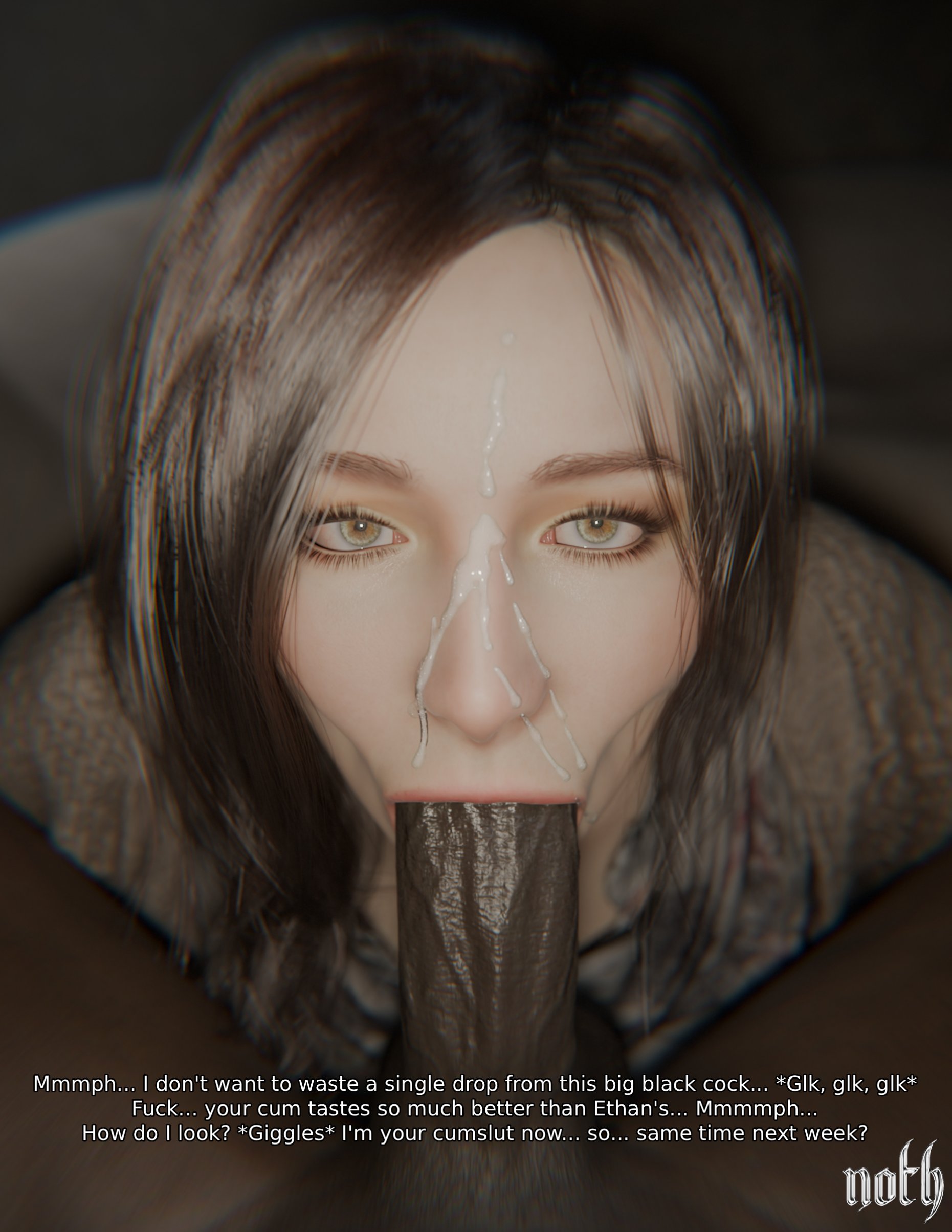 :>=, 1boy, 1girls, 3d, 3d (artwork), absurdly large cock, balls, big penis, blowjob, blowjob face, blue eyes, brown hair, clothed female nude male, cuckolding, cum, cum on face, dark penis, dark-skinned male, english, english commentary, english dialogue, english text, fellatio, fellatio face, female, female focus, huge cock, huge penis, interracial, large penis, light-skinned female, long hair, looking at partner, looking at viewer, male, male pov, mature female, mia winters, nothzard, oral, oral sex, penis, pov, resident evil, resident evil 8: village, spread legs, tagme, wife