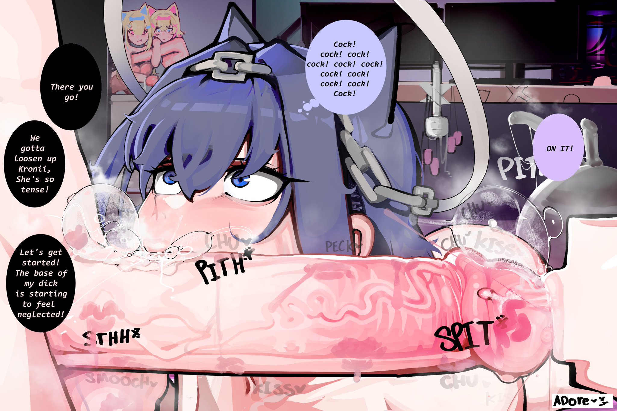 2d, 2d (artwork), 4girls, adore nice, blonde, blonde female, blonde hair, blowjob, blue eyes, blue hair, cat ears, character in background, cock worship, color, colored, dog ears, english, english commentary, english dialogue, english text, exercise ball, exercise ball dildo, fellatio, female, female focus, femsub, fuwawa abyssgard, heart, heart symbol, heart-shaped pupils, hololive, hololive english, hololive english -council-, hololive english -promise-, hololive myth, jealous, jealous female, kemonomimi, kissing, kissing penis, licking, licking penis, light skin, light-skinned female, lips, lipstick, lipstick mark, lipstick on penis, male, male/female, maledom, mococo abyssgard, multiple images, ninomae ina'nis, oral, oral penetration, oral sex, ouro kronii, penis, penis in mouth, penis lick, penis on face, penis worship, petplay, purple hair, saliva, saliva bubble, saliva drip, saliva trail, sex toy, sloppy, sloppy blowjob, smell, speech bubble, squid girl, submissive, submissive female, teamwork, teamwork (sexual), tongue, tongue out, virtual youtuber, watching