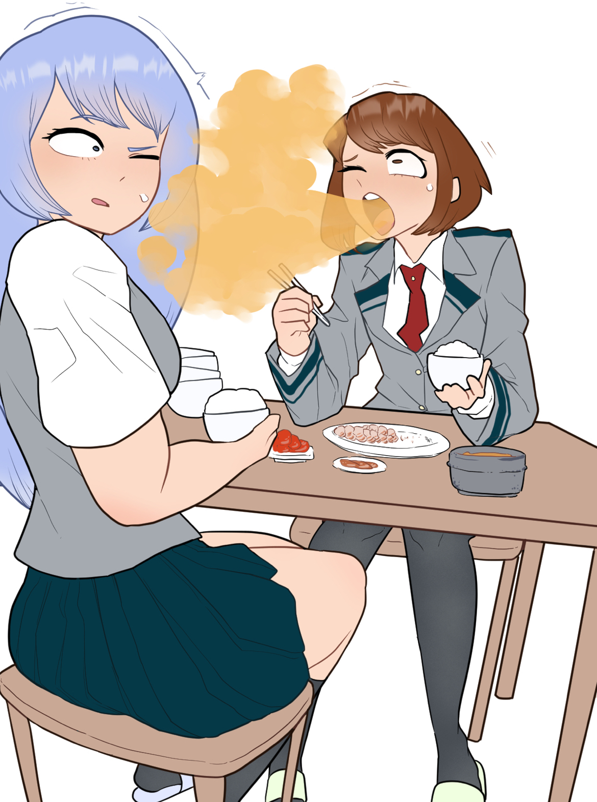 2girls, burp cloud, burp fetish, burping, burping in face, eating food, female, female only, gas, gasbox, gassy, grossed out, loud burp, my hero academia, nejire hado, ochako uraraka, smell
