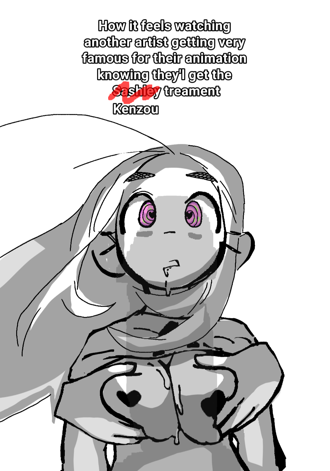 1girls, 2025, 2d, animation meme community, anon, anonymous male, boob, breast grab, breast squeeze, breast squish, breasts, breasts out, caption, cock shadow, covered nipples, disembodied hand, drool, drool on breasts, drooling, english text, eye bags, eye hearts, facing viewer, female, hands on another's chest, hands on breasts, heart eyes, heart pasties, heart-shaped pupils, hypnosis, hypnotic eyes, imminent fellatio, imminent oral, imminent penetration, imminent rape, imminent sex, instagram, kenzou, looking at viewer, male, molestation, monochrome, navel, nomb, open mouth, pasties, penis, pink eyes, ptitefrite, shadow, shirt lift, stomach, swirly eyes, tagme, text, tiktok, touching, unconscious, youtube