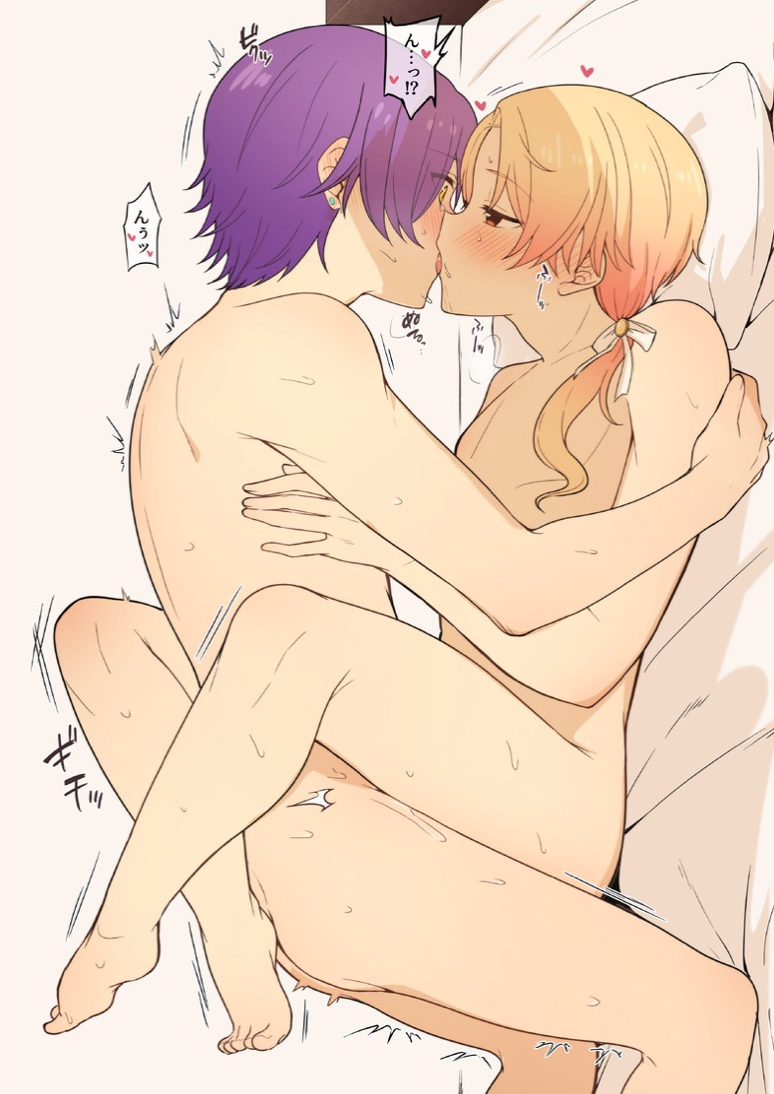 7v xyz, behind view, blonde hair, cuntboy, intersex, kamishiro rui, kiss on lips, kissing, legs wrapped around partner, project sekai, purple hair, shocked, tenma tsukasa