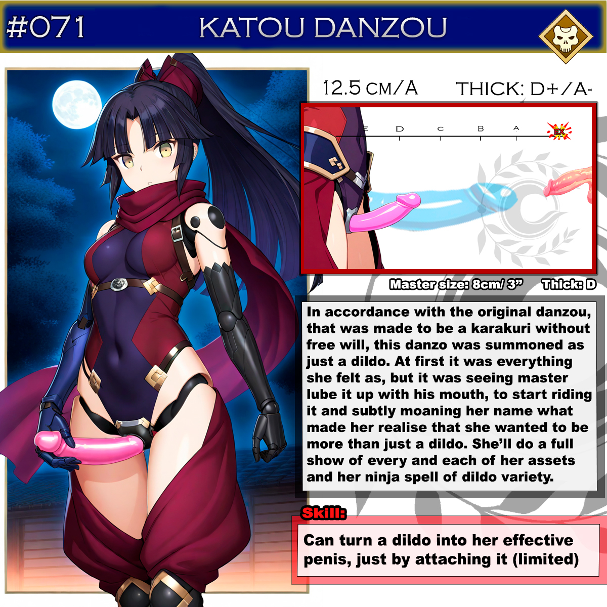 ai generated, android, character sheet, dildo, doll, doll joints, english, english text, fate (series), fate/grand order, female, katou danzou (fate), pegging, puppet, sasakiwiwi, small penis, strap-on, strapon