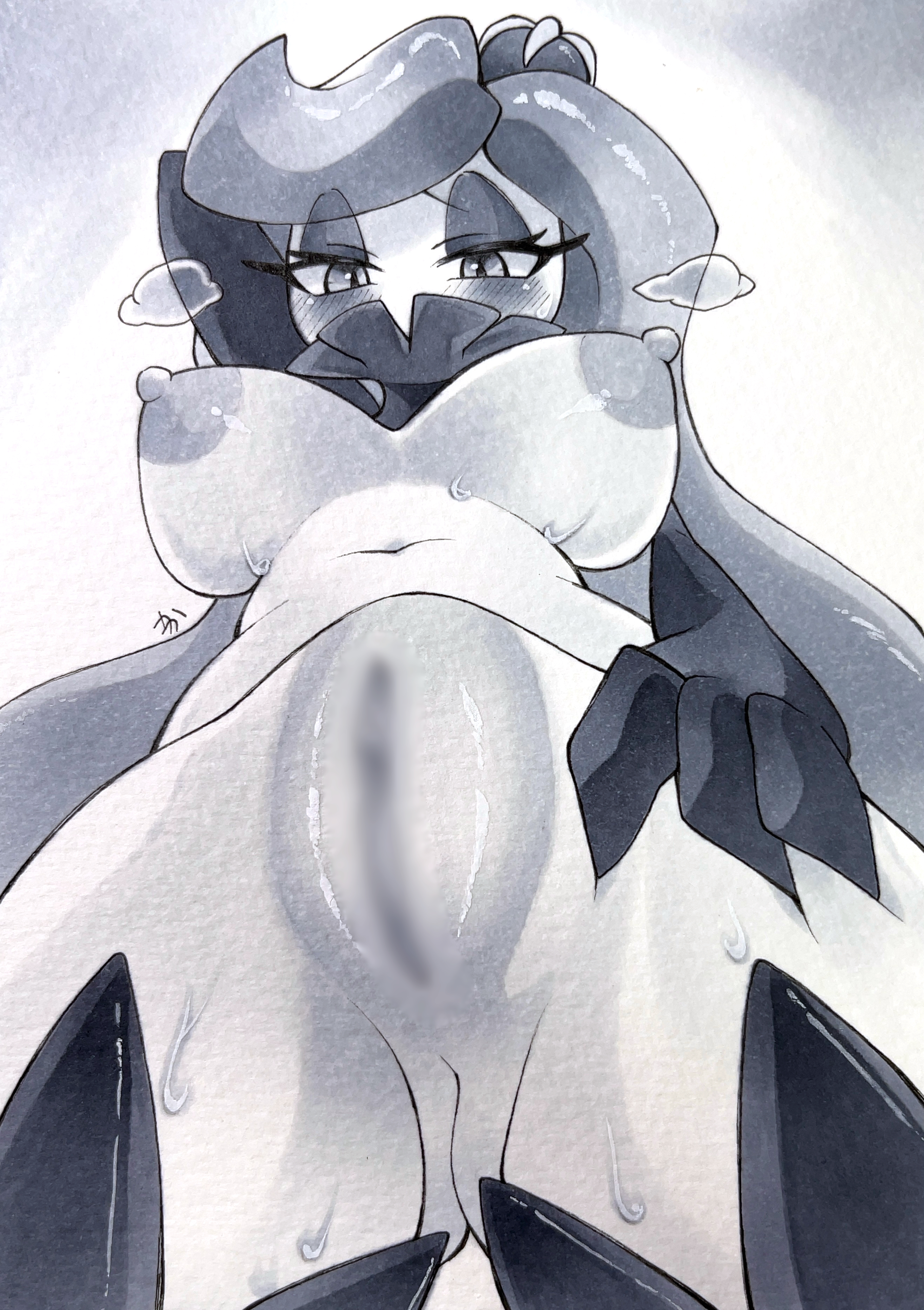 1girls, arms behind head, artist request, ass, big ass, big breasts, breasts, breath cloud, censored pussy, erect nipples, eyelashes, eyeshadow, female, flora fauna, game freak, hand on waist, hi res, long eyelashes, monochrome, nintendo, nipples, nude, nude female, pokemon, pokemon sm, pussy, seductive, sweat, sweating, thick thighs, tsareena, wide hips