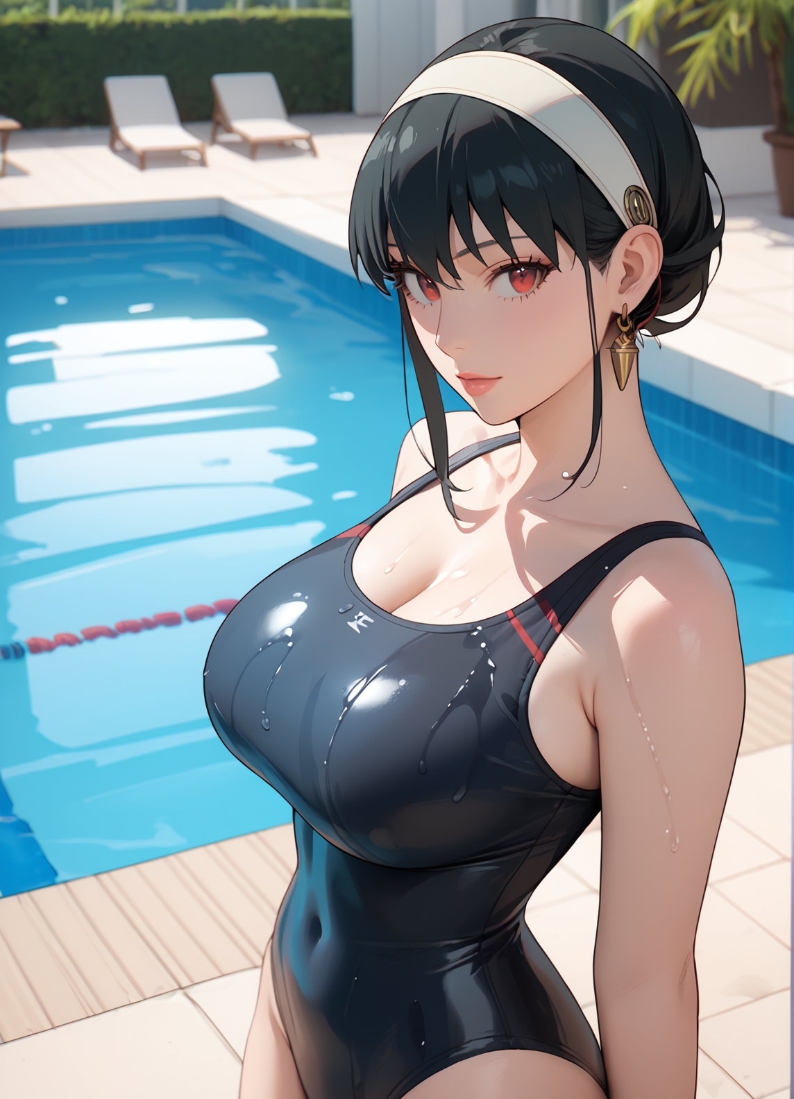 1girls, 2d, ai generated, athletic, athletic female, bare shoulders, belly, big breasts, black hair, blush, breasts, chest, cleavage, curvy, curvy figure, cute, cute face, dark hair, detailed, eyelashes, eyeshadow, female, female focus, female only, fit, fit female, focus, hairband, hands behind head, hands up, high quality, image, large breasts, legs, light skin, light-skinned female, lips, lipstick, long hair, looking at viewer, makeup, mascara, mature, midriff, nero100, one-piece swimsuit, pale skin, pale-skinned female, pool, poolside, red eyes, seductive, seductive look, shy, spy x family, stable diffusion, swimsuit, tagme, tall, tall female, thighs, topless, uncensored, yor briar, yor forger