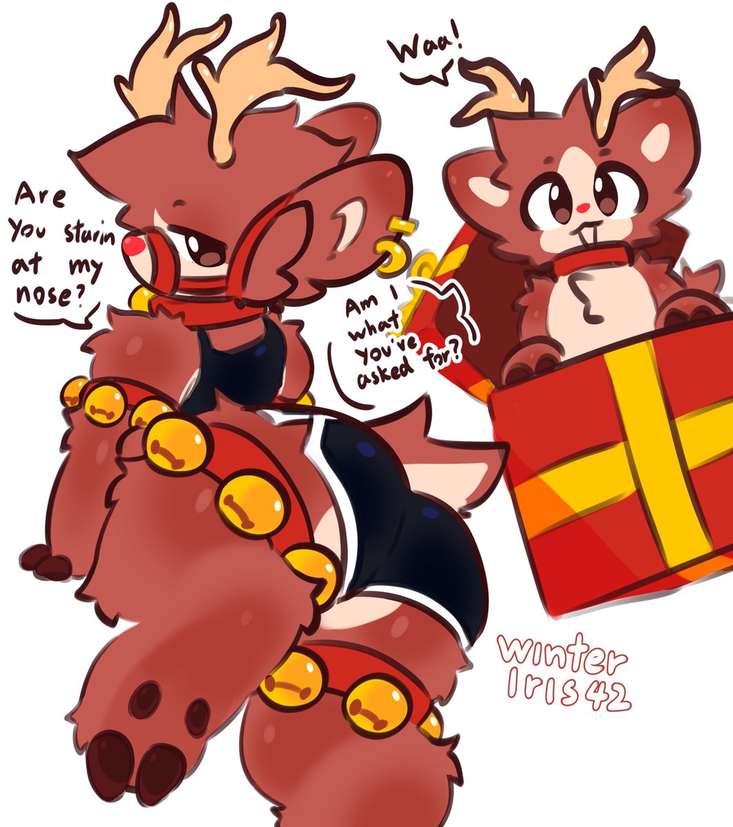 1girls, artist name, ass, booty, booty shorts, butt, christmas, christmas outfit, christmas theme, clothed, deer, english text, furry, furry female, furry only, gift box, holidays, rudolph, rudolph the red-nosed reindeer, talking, text, winteriris42