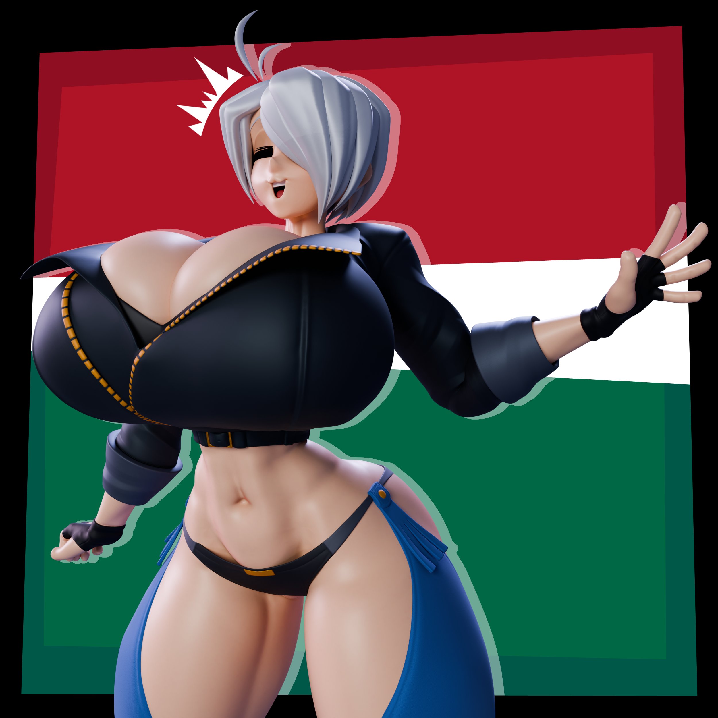 :3d, 1girls, angel (kof), ass, bending forward, bending over, bent forward, bent over, big ass, big breasts, blue eyes, boots, breasts, busty, carro3dsculpts, cleavage, clothed, clothed female, curvaceous, curvy, curvy female, curvy figure, cute, cute face, fat ass, female, gloves, hand gesture, huge ass, huge breasts, hungarian, hungarian flag, implied ass cleavage, jacket, king of fighters, leather, leather clothing, legwear, light skin, light-skinned female, looking at viewer, open mouth, pale skin, pale-skinned female, round ass, seductive, seductive look, seductive pose, short hair, smile, smiley face, smiling at viewer, standing, thick, thick ass, thick legs, thick thighs, thighs, thong, tight clothes, voluptuous, voluptuous female, white hair, white skin, wide hips