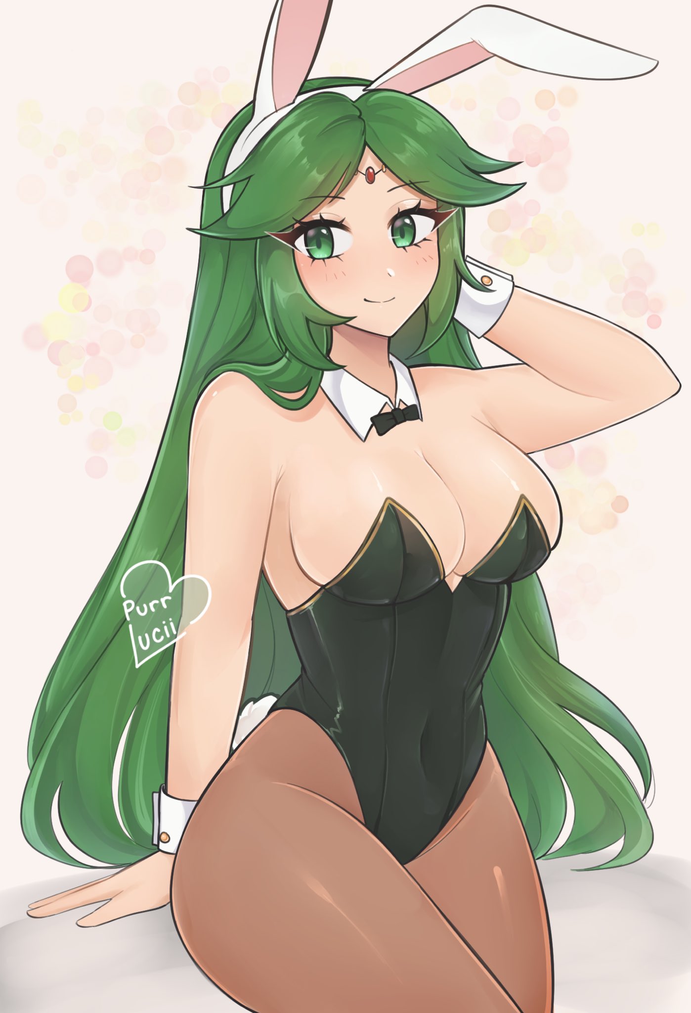 1girls, alternate costume, breasts, bunnysuit, cleavage, clothed, clothing, female, female only, kid icarus, looking at viewer, nintendo, palutena, purrlucii, solo