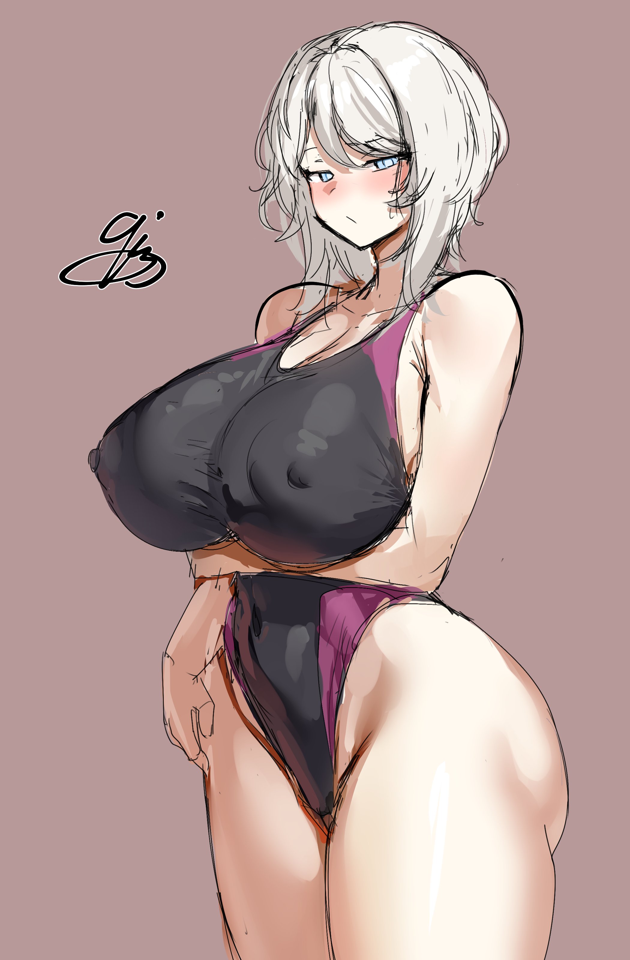 1girls, 9is, alternate ass size, alternate body type, alternate breast size, alternate costume, ass, blue eyes, blush, breasts, embarrassed, faust (limbus company), female, huge ass, huge breasts, limbus company, nipples visible through clothing, project moon, silver hair, swimsuit, tagme, white hairband