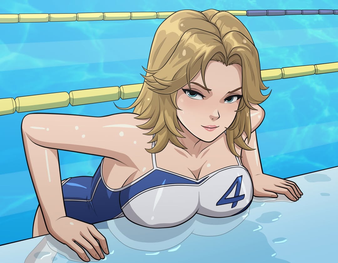 2025, 2d, adult, big breasts, blonde female, blonde girl, blonde-haired female, breasts, clothed, clothed female, drawing, fantastic four, female, grey eyes, instagram, invisible woman, invisible woman (marvel rivals), kimkai drawings, marvel, marvel comics, marvel rivals, meta, not ai generated, not porn, one piece swimsuit, orange lipstick, pool, sue storm, swimsuit