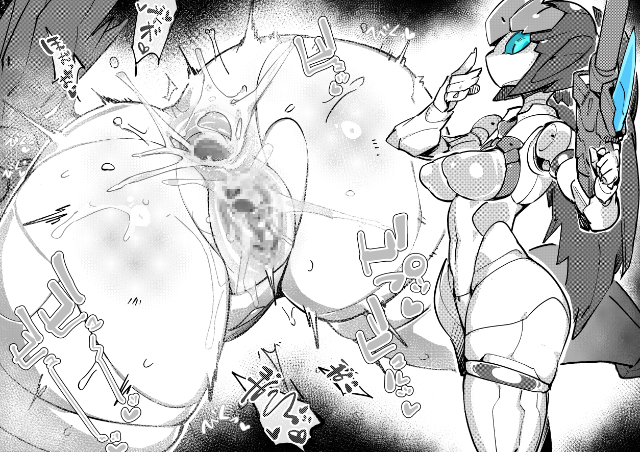 30 minutes missions, acerby type c, anus, ass, blue eyes, blur censor, breasts, censored, cum, cum in ass, cum in pussy, cum inside, female, grey hair, holding weapon, japanese text, looking at viewer, mechanical, pochincoff, presenting, presenting hindquarters, pussy, robot, robot girl, sex, text