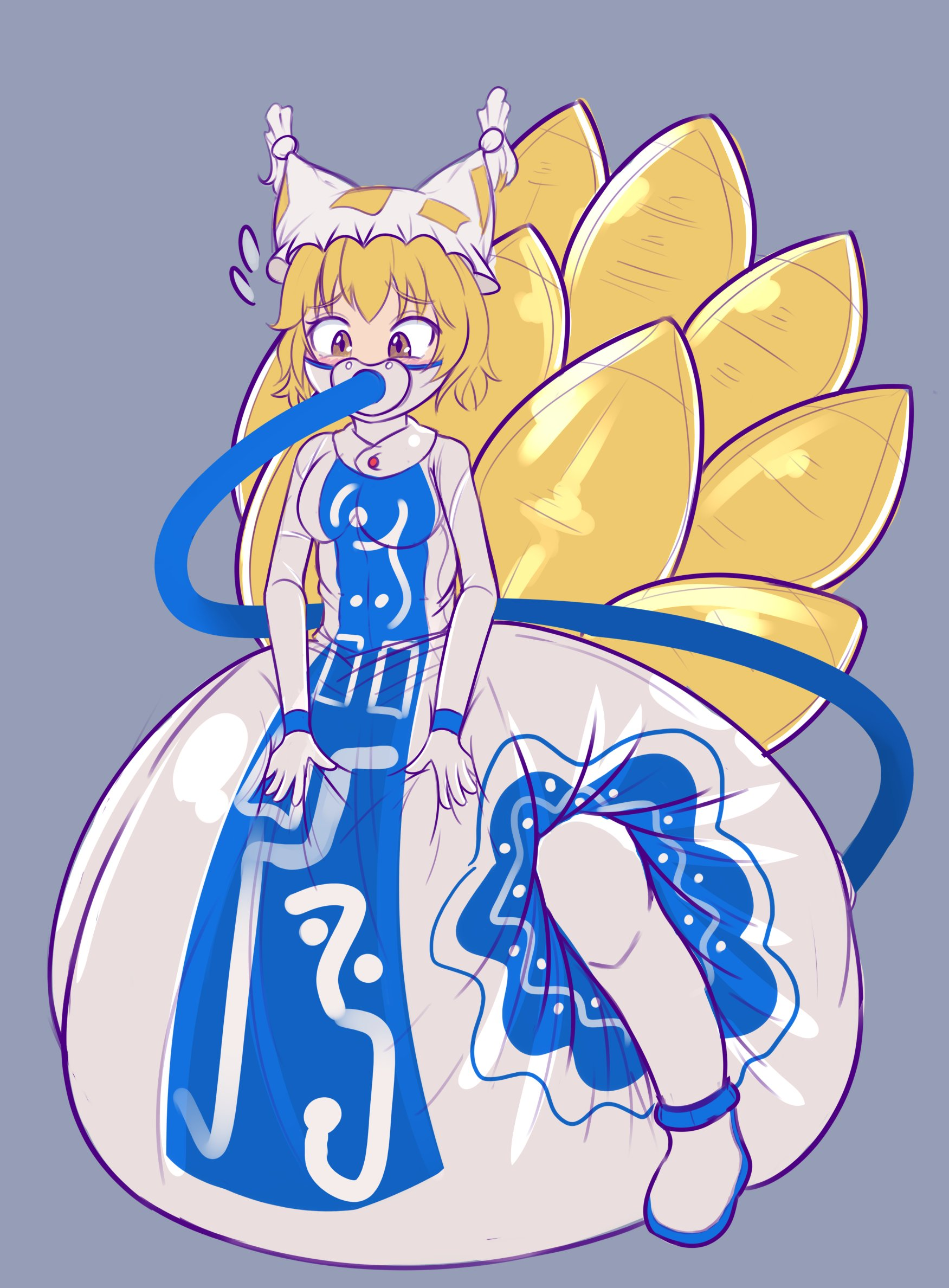 1girls, abdl, diaper, diaper fetish, diapersuit, female, gas mask, hyper feces, hyper scat, kitsune, latex, lightmintmagic, mask, messy diaper, perfect cherry blossom, ran yakumo, shikigami, simple background, solo, tail, tails, touhou, tube, yokai