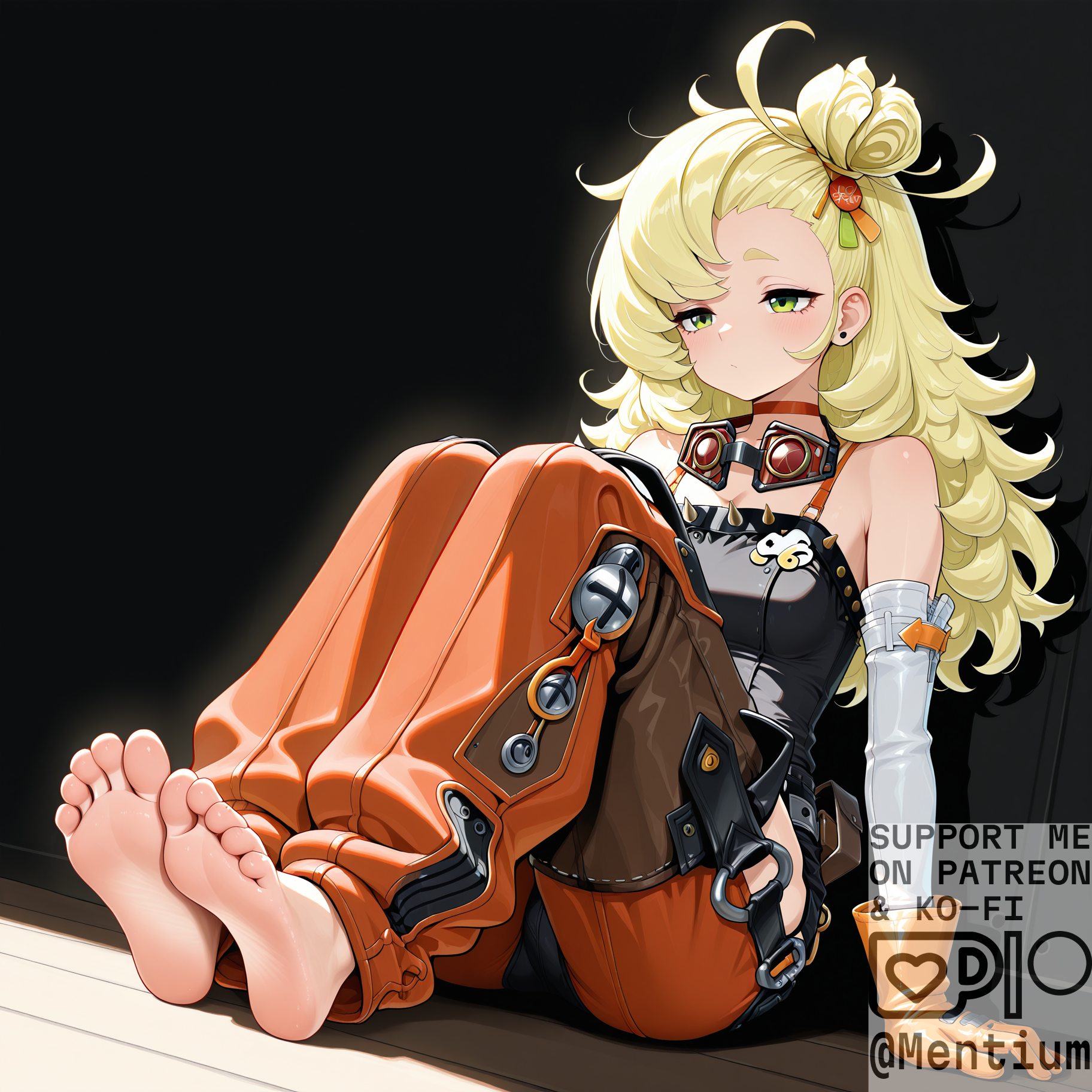 ai generated, barefoot, blonde hair, blush, clothed female, feet, female, gloves, long hair, piper wheel, watermark, zenless zone zero