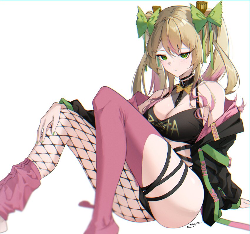 1girls, artist request, banana bus squad, black sweatshirt, blonde hair, breasts, chocker, collar, female, female only, fishnet, fishnet legwear, green bow, green eyes, indie virtual youtuber, looking at viewer, looking down, loose clothes, pasta, pastaroniravioli, pink clothing, pink hair, pink highlights, pink socks, sitting down, sitting on floor, sole female, tagme, the vanoss crew, twintails, two-tone hair, vanoss crew, virtual youtuber, vtuber, vtuber persona, vtuberfanart, white background, youtube, youtuber