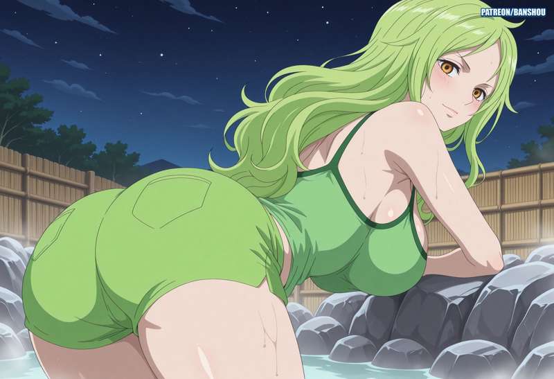 1girls, ai generated, ass, banshou, big ass, big breasts, breasts, clothing, female, female only, green hair, green-haired female, monet (one piece), one piece, onsen, water