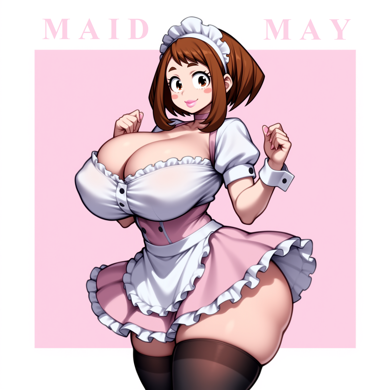 ai generated, ass, boku no hero academia, breasts, buttoned cuffs, choker, corset, cuffs, english text, female, frilled shirt, frilled skirt, frilled top, huge ass, huge breasts, layered skirt, lipstick, maid, maid headdress, maid may, maid uniform, may (month), my hero academia, novelai, ochako uraraka, short sleeves, simple background, skindentation, skirt up, smile, solo, tgm101 (artist), thick lips, thick thighs, thighhighs, thin waist, uraraka ochako, waist apron, wide hips, wrist cuffs