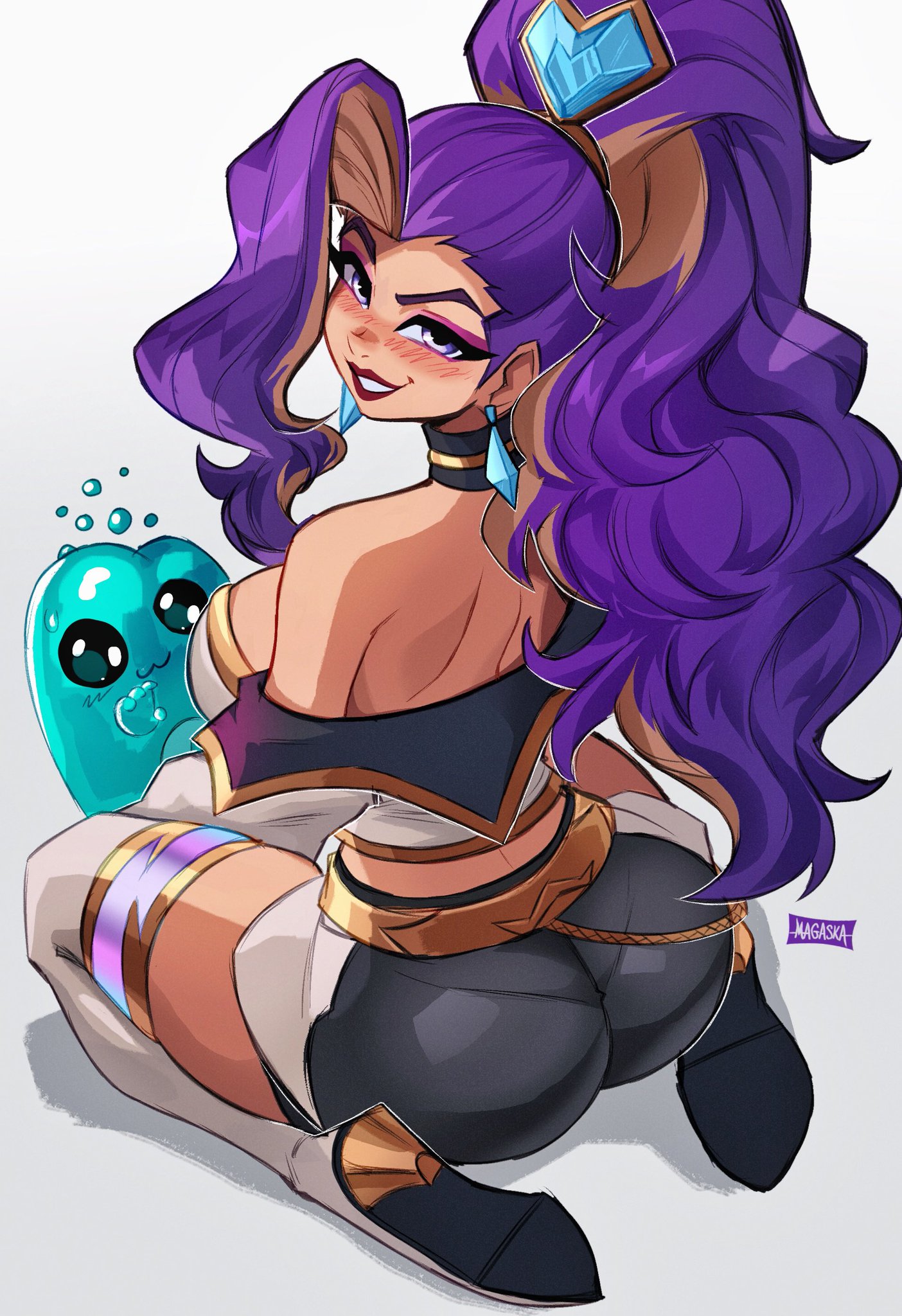 1girls, 2d, ass, back view, bare shoulders, big breasts, blush, blush lines, breasts, clothed, clothed female, earrings, epic games, eyeshadow, female, female focus, fortnite, fortnite: battle royale, hair accessory, hair ornament, legwear, light skin, light-skinned female, lipstick, long hair, looking at viewer, looking back, looking back at viewer, magaska19, makeup, mizu (fortnite), multicolored hair, on knees, pantylines, purple eyes, purple eyeshadow, red lipstick, shirt down, simple background, sitting, smile, smiling, smiling at viewer, sprite (fortnite), tagme, thigh boots, thighs, venus hart, white background