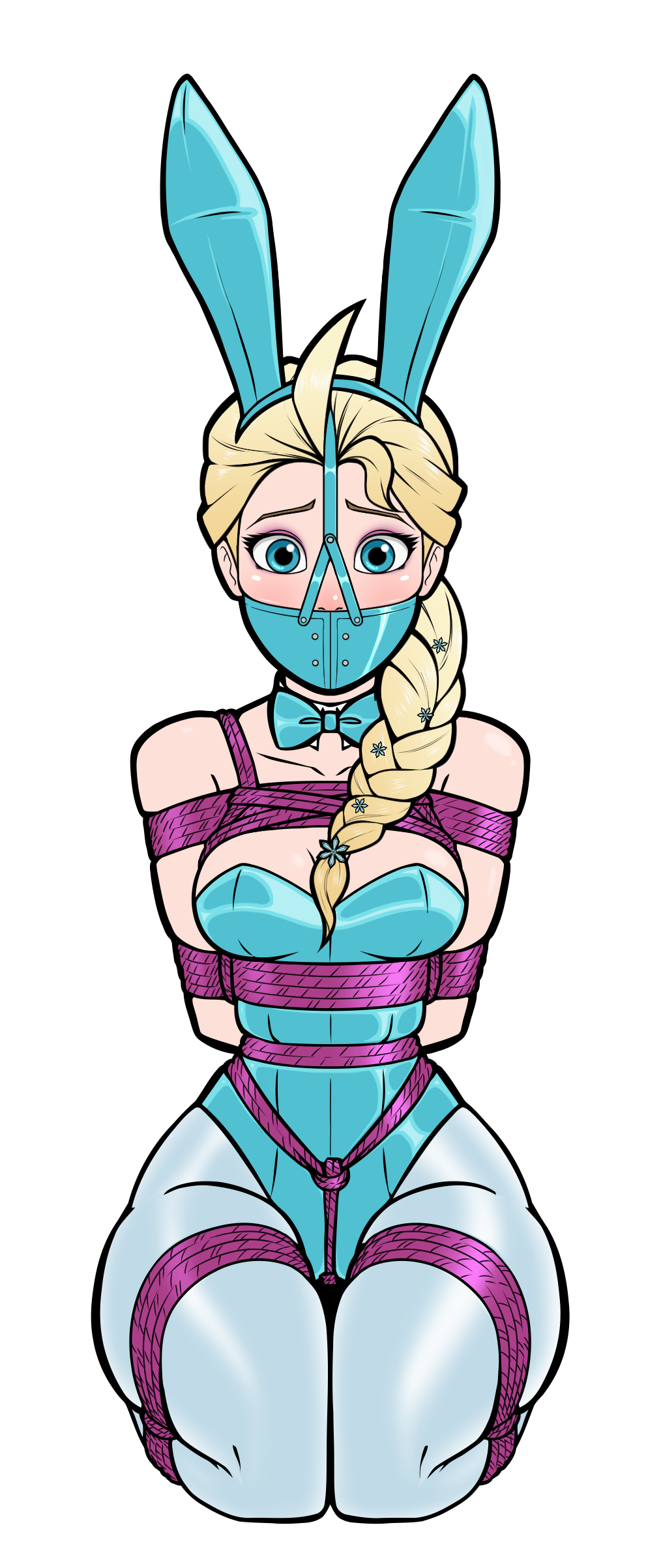 1girls arms_tied_behind_back blonde_hair bondage bound bowtie box_tie breasts bunny_ears bunnysuit crotch_rope elsa_(frozen) fake_animal_ears female frozen frozen_(film) gag gagged harness_muzzle_gag kneeling large_breasts latex legs_tied leotard long_hair looking_at_viewer muzzle_gag muzzled panel_gag playboy_bunny restrained rope rope_bondage shibari_over_clothes shiny_clothes strapless strapless_leotard tiara tied_up tight_clothing wossarem