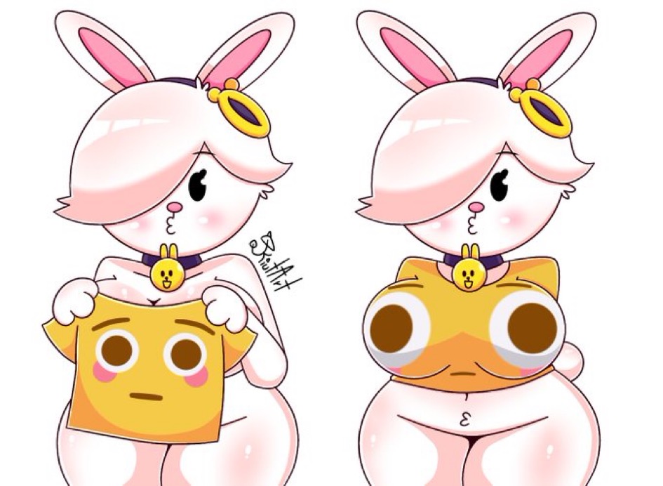 1girls, ass, big ass, big breasts, brawl stars, breasts, colette (brawl stars), cony (line), female, flushed emoji shirt, furry, half clothed, kiut arts, line (app), line friends, rabbit, supercell, yellow shirt