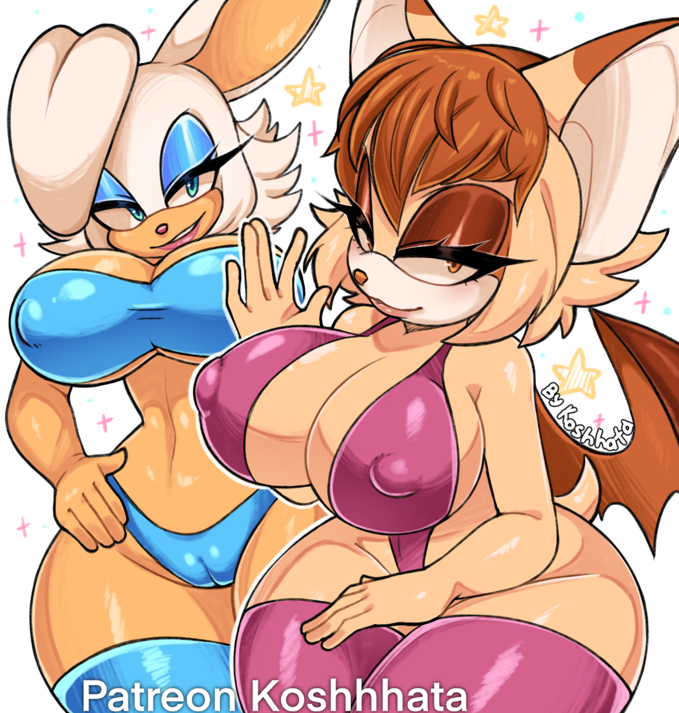 bat, bikini, breasts, bunny ears, bunny girl, female, koshhhata, mommy, rouge the bat, rouge the rabbit, sonic (series), sonic the hedgehog (series), species swap, thicc, vanilla the bat, vanilla the rabbit