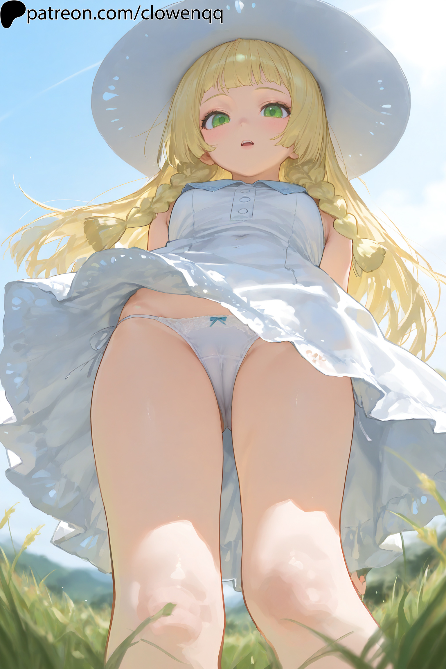 1girls, ai generated, bangs, blonde hair, cameltoe, clowenqq, dress, female, female focus, female only, from below, grass, green eyes, lillie (pokemon), long hair, looking at viewer, looking down, nintendo, open mouth, outdoors, panties, pokemon, pokemon sm, pussy, sleeveless, sleeveless dress, solo, solo female, solo focus, sun hat, thighs, twin braids, white dress, white panties