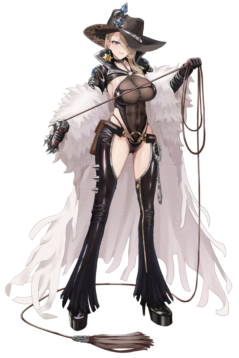 alternate costume, black choker, black gloves, black hat, black leotard, black pants, black shoes, black shrug, blonde hair, blue eyes, boo iro, breasts, brown dust (series), brown dust 2, cape, chains, chaps, choker, cleavage, collarbone, commentary, covered navel, cowboy hat, cuffs, female, flare pants, full body, fur trim, fur-trimmed cape, gloves, hair between eyes, hair over one eye, handcuffs, hat, high heels, highres, holding, holding whip, holster, irorong, large breasts, leotard, long hair, long sleeves, looking at viewer, o-ring, o-ring top, pants, parted lips, see-through cleavage, see-through clothes, sheriff badge, shoes, shrug (clothing), simple background, skindentation, smile, solo, standing, tachi-e, white background, white cape, wilhelmina (brown dust)