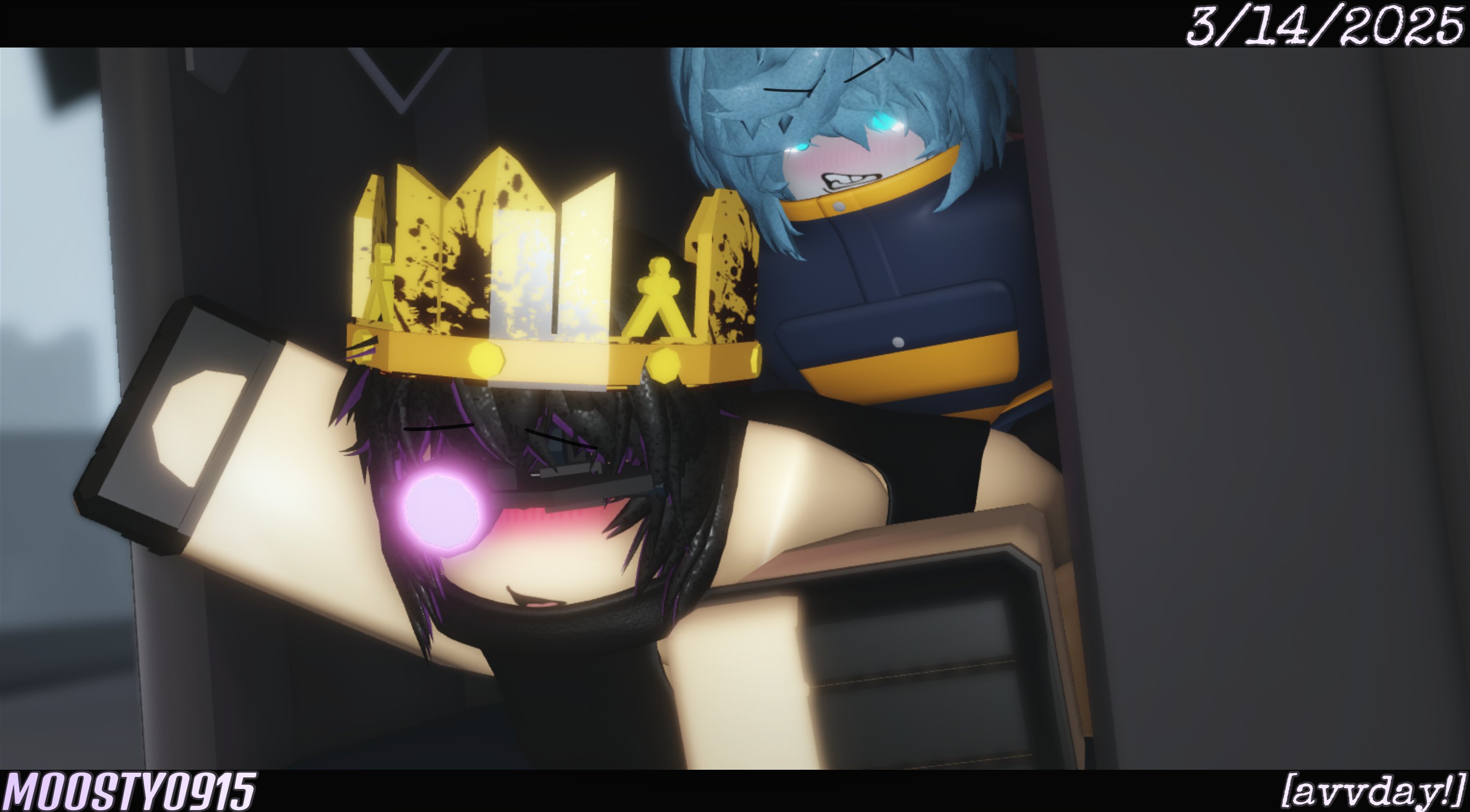 1boy, 1girls, 2025, 3d, ambiguous penetration, angry, angry face, angry sex, ass, ass grab, avv (probablyavv), bent over, big breasts, black clothing, black gloves, black hair, blue clothing, blue eyes, blue hair, blue jacket, blue sleeves, blue topwear, blush, bottomless, bottomless male, breasts, bunny, bunny boy, bunny ears, clothing, crown, dated, decaying winter, discord tag, duo, english text, eyebrows visible through hair, female, female penetrated, fingerless gloves, gift art, gloves, half naked, implied penetration, implied sex, jacket, letterbox, letterboxed, light blush, light skin, light-skinned female, long sleeves, male, male penetrating, male penetrating female, male/female, moosty, night, night vision goggles, open mouth, outdoors, pale skin, pale-skinned female, purple hair, purple highlights, roblox, roblox game, robloxian, sex, short hair, sledge queen, sleeves, straight, text, two-tone hair, virgin killer sweater, white skin, white-skinned male, yellow accents, yellow stripes