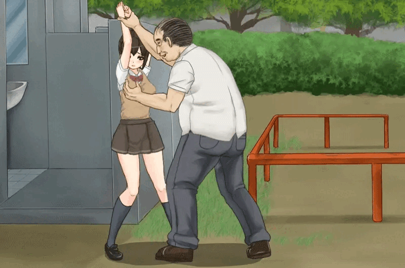 1boy, 1girls, age difference, animated, aokumashii, big breasts, breast grab, breasts, buchikome high kick, embarrassed, fat male, female, female human, fondling, fondling breast, game cg, gameplay, human, human male, larger male, light skin, light-skinned female, male, mature male, medium breasts, molestation, older male, ponytail, restrained, scared, school uniform, skirt, slim waist, smaller female, sprite, struggling, teenage female, teenager, ugly bastard, variant, weak resistance, wrist grab, younger female