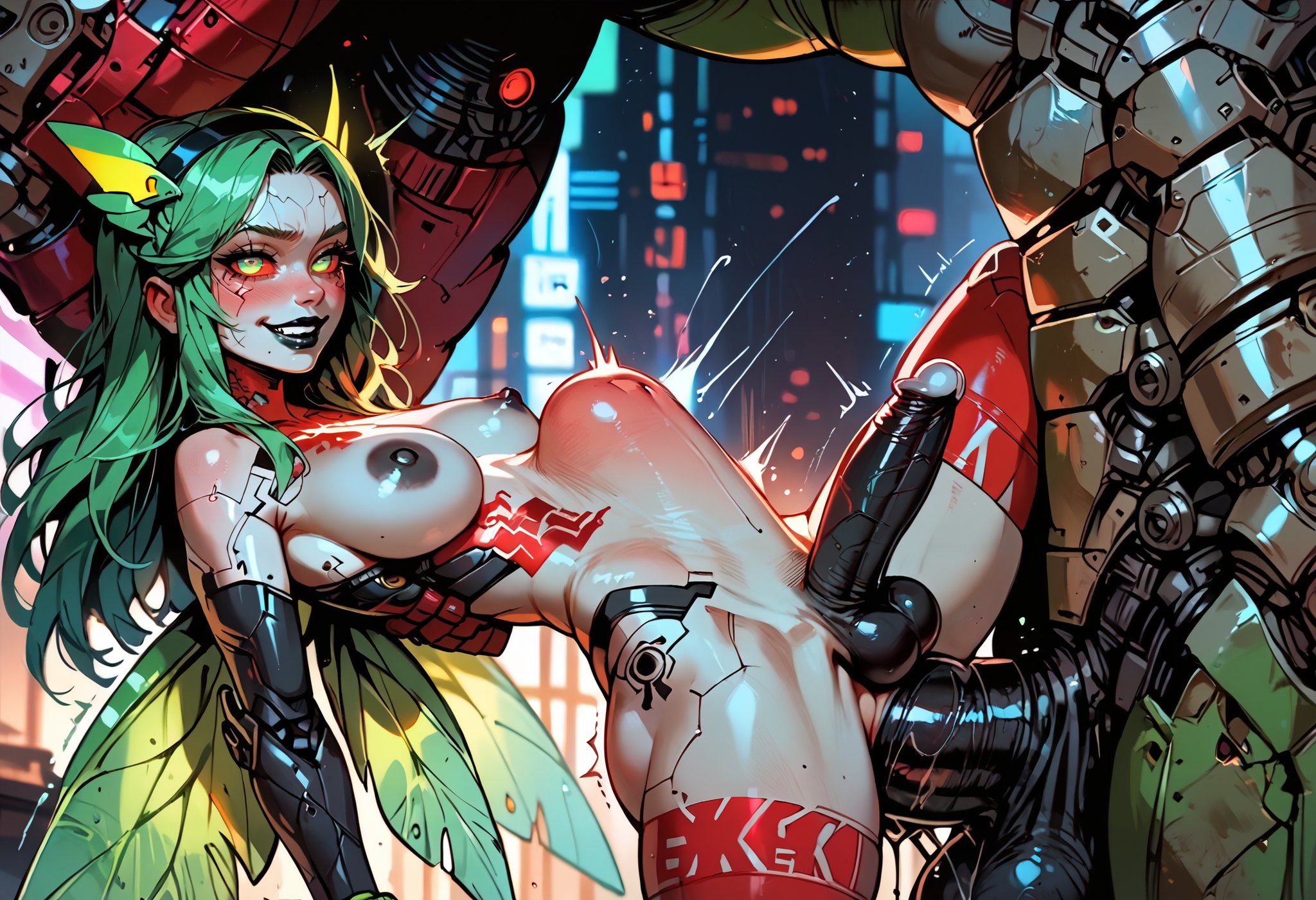 ai generated, anal, anal sex, areola slip, bigger male, black areola, black lipstick, black nipples, black penis, blush, breasts, bulge, cyberpunk 2077, cyberpunk: edgerunners, cyborg, erect penis, erection, fairy wings, from side, futanari, green hair, green pupils, grey skin, hanging from penis, headband, headgear, heels, high heels, intersex, long hair, male, male on futa, manofmidas, monster, nipples, penis, rebecca (edgerunners), red sclera, red tattoo, size difference, stomach bulge, tattoo, tattoos, underboob
