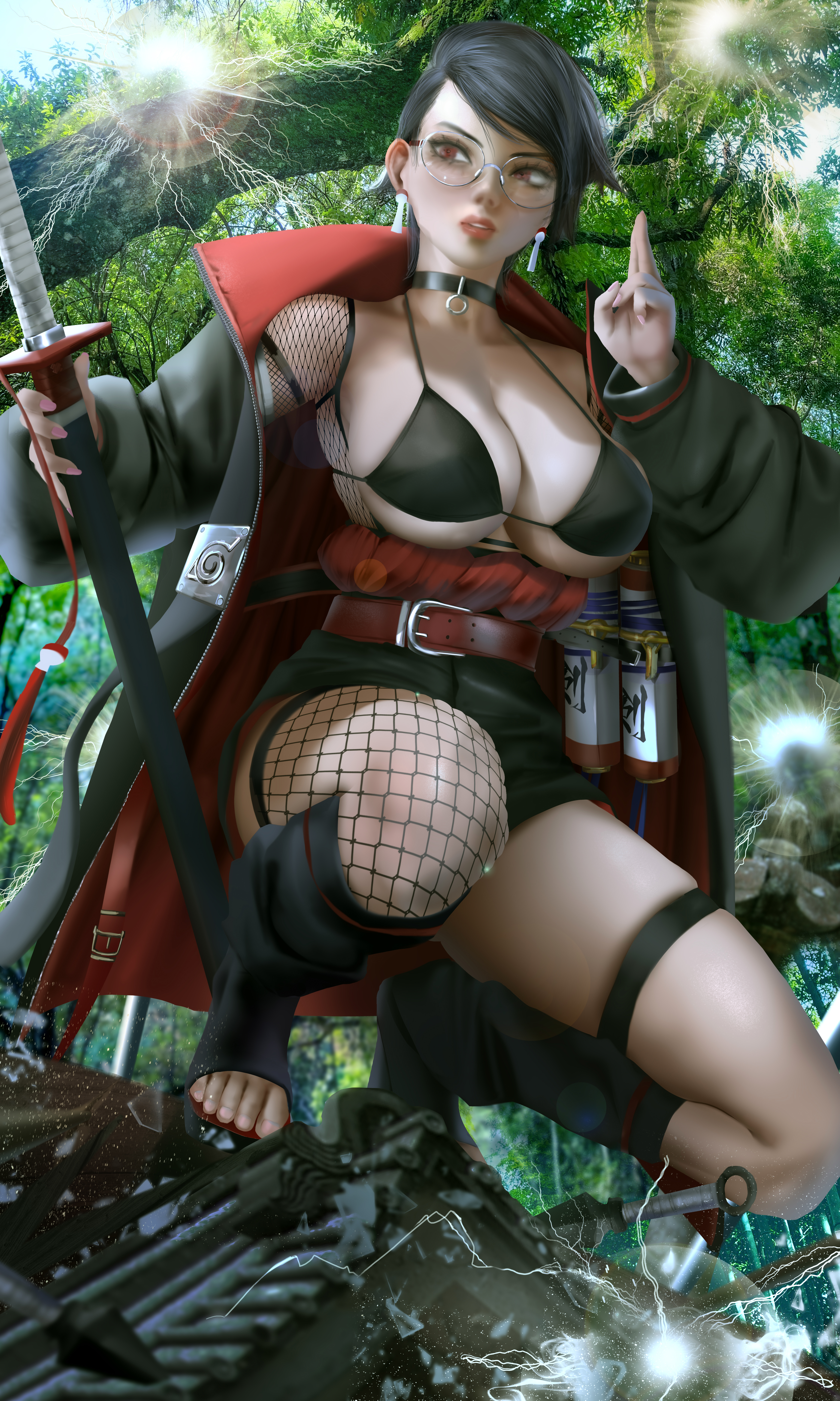 1girls, alternate version available, big breasts, black hair, black jacket, boruto: two blue vortex, breasts, cleavage, clothed, female, female only, fishnets, from below, glasses, jacket, kunai, large breasts, naruto, naruto (series), orca.huang, orca54896, red eyes, sarada uchiha, scroll, sharingan, short hair, shounen jump, solo focus, sword, thighs, uchiha sarada