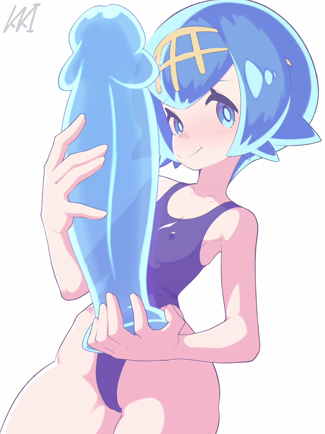 1girls, big dildo, blue eyes, blue hair, blush, dildo, female, female focus, female only, flat chest, flat chested, holding dildo, holding object, huge dildo, kaikoinu, lana (pokemon), looking at viewer, nipple bulge, one-piece swimsuit, pokemon, pokemon sm, short hair, smile, smiling, smiling at viewer, swimsuit, swimwear, thighs, white background
