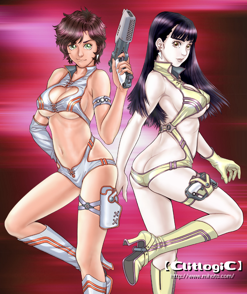 2girls ass ass_cleavage belt black_hair boots breasts butt_crack cameltoe clitlogic cosplay costume curvaceous dark-skinned_female dark_skin dirty_pair duo female gun hair headband holster human kei_(dirty_pair) large_breasts long_hair looking_at_viewer mihoto_kouji multiple_girls pale-skinned_female pale_skin posterior_cleavage red_hair short_hair standing tomboy weapon yuri_(dirty_pair)