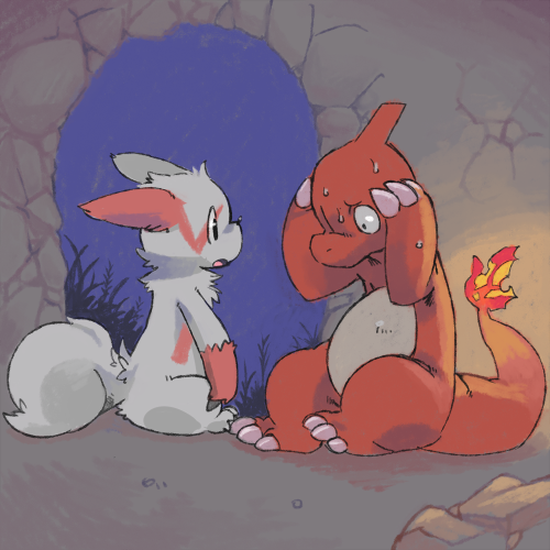 beige_skin cave charmeleon claws color female fire fur furry_ears furry_tail indoors interspecies lizard looking_at_another male night nintendo nude open_eyes open_mouth orange_skin original_character pasikon pixiv pokémon_(species) pokemon pokemon_(species) red_fur reptile scalie side_view sitting tail tail_fire white_fur zangoose