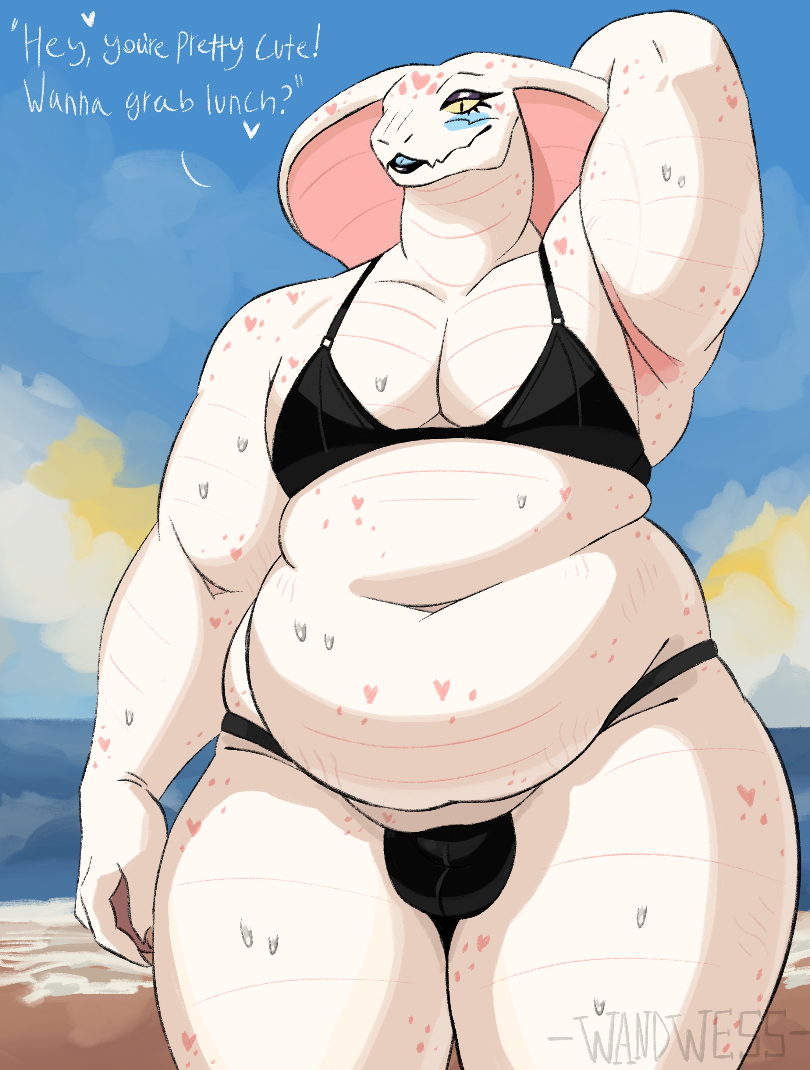 anthro, ass, backsack, balls, ballsack, big ass, big butt, black lips, blue tongue, breasts, bulge, chubby, chubby anthro, chubby femboy, cloud, cobra, eyelashes, fat femboy, femboy, furry, furry only, genitals, huge ass, huge butt, male, male only, marley (wandwess), obese, obese anthro, obese male, overweight, overweight anthro, overweight male, presenting, presenting hindquarters, reptile, reptile humanoid, scales, scalie, snake, snake hood, snake tail, solo, tail, tail aside, thick thighs, tongue, tongue out, wandwess, white body, white scales