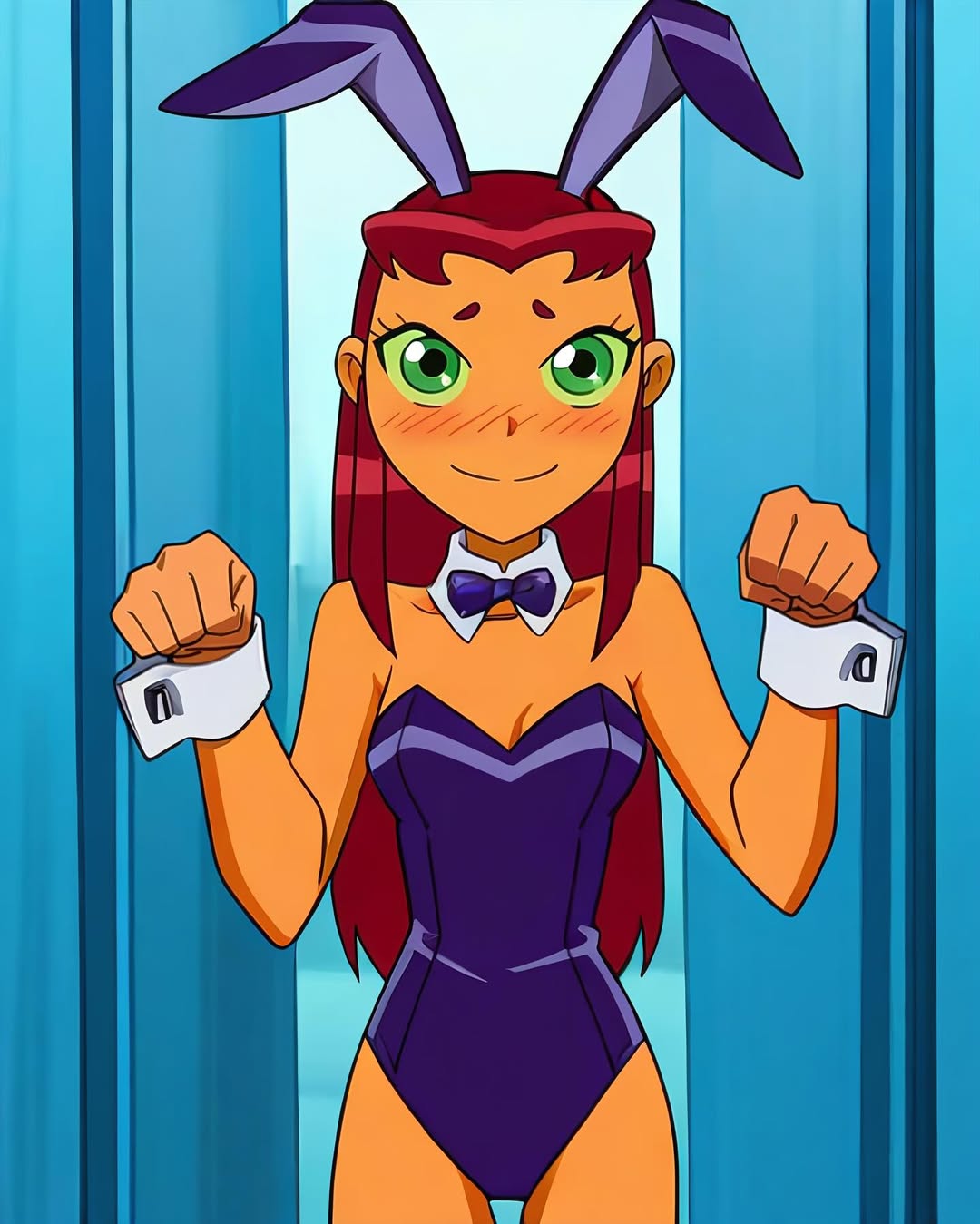 2025 ai_generated bunny_costume bunny_ears bunny_girl bunnysuit cartoon_network closed_hands dc dc_comics embarrassed_female female green_eyes hands_closed instagram looking_at_viewer necktie orange_skin pink_cheeks punching_viewer purple_bunny_ears purple_bunnysuit purple_necktie red_eyebrows red_hair shy_smile smiling_at_viewer starfire_(teen_titans) teen_titans