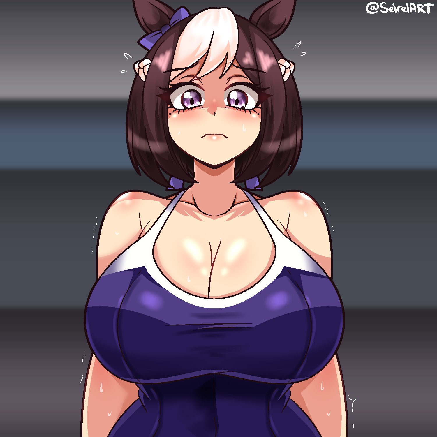 1girls, 3:, big breasts, breasts, busty, curvy, curvy figure, female, female only, flustered, hair ornament, horse girl, hourglass figure, huge breasts, large breasts, looking at viewer, mole under each eye, mole under eye, motion lines, multicolored hair, nervous, one-piece swimsuit, purple eyes, ribbon, seireiart, shaking, short hair, solo, solo female, solo focus, special week (umamusume), sweating, twitter username, umamusume