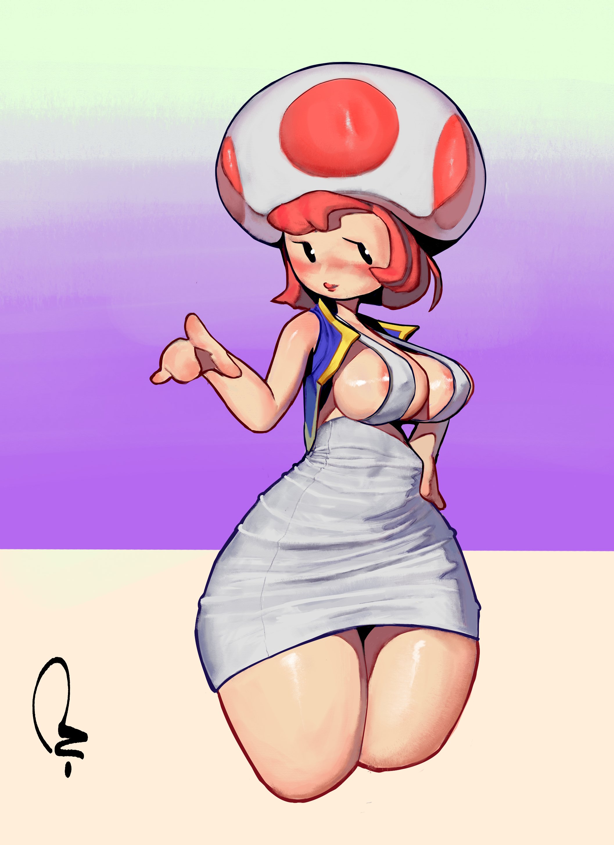 2024, areola slip, areolae, beady eyes, big breasts, blush, bob cut, breasts, extinctyellow, eyelashes, female, female only, genderswap, genderswap (mtf), gradient background, hand on hip, light skin, light-skinned female, looking at viewer, mario (series), mushroom, nintendo, pale skin, pale-skinned female, pointing, red hair, red lipstick, rule 63, short hair, simple background, solo, solo female, super mario bros., thick thighs, toad (mario), watermark, wide hips