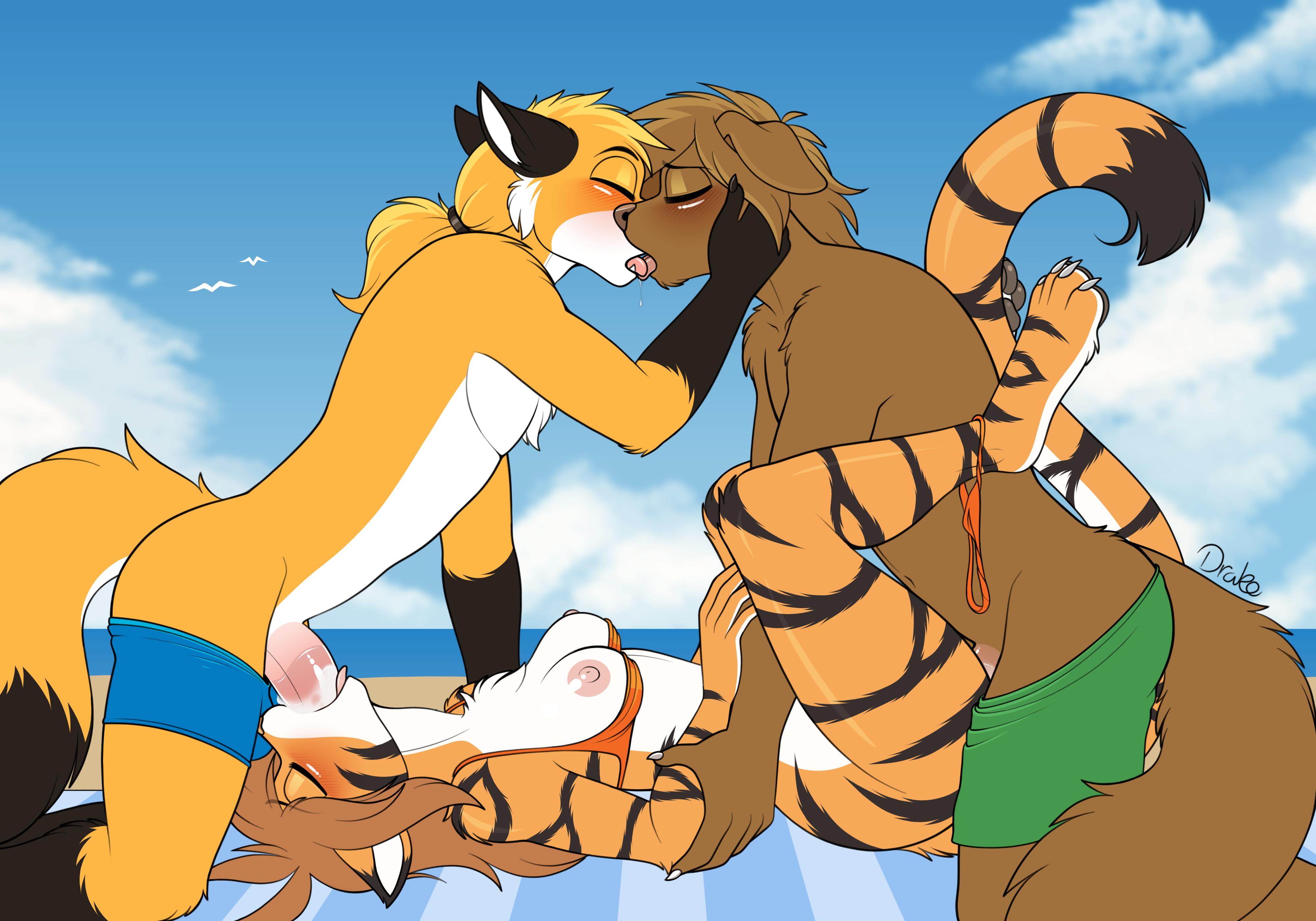beach, bikini, cum, cum in mouth, cum in pussy, cum inside, drako1997, evals, female, flora (twokinds), french kissing, kissing, male, male/female, male/male, male/male/female, mike (twokinds), oral, pussy, spitroast, swimwear, twokinds, vaginal penetration