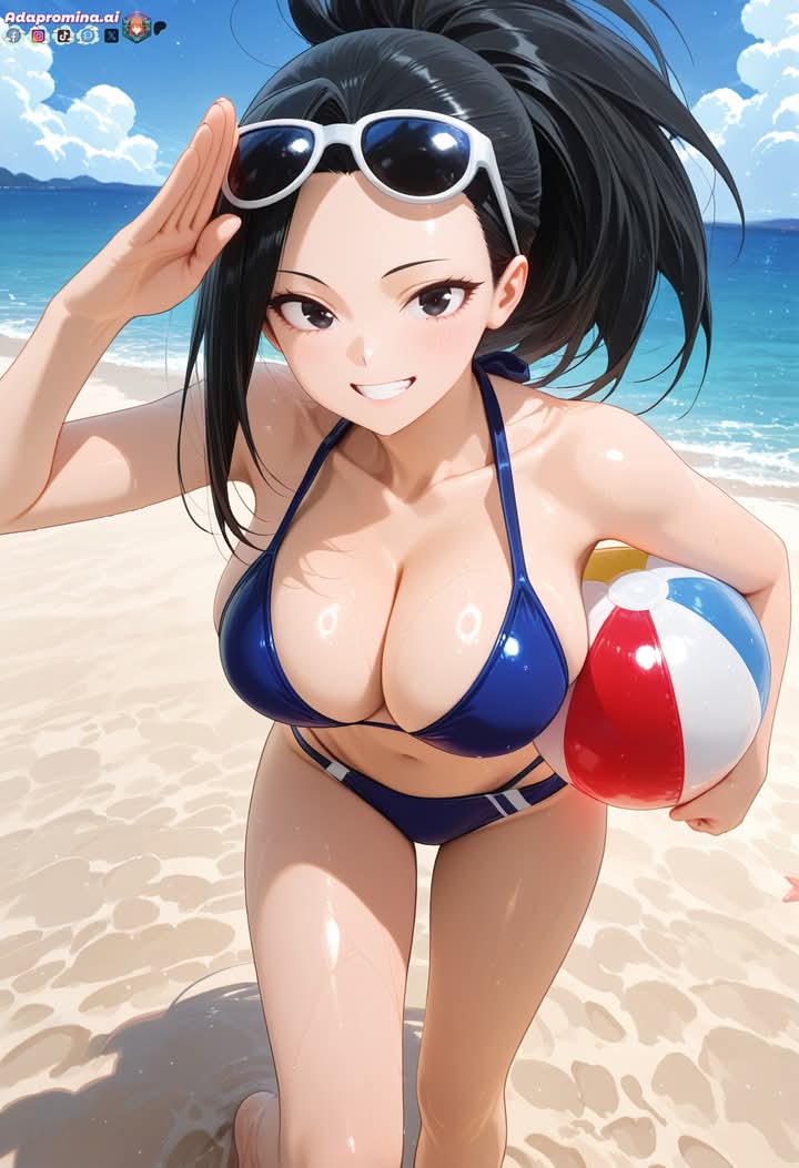 1girls, 2025, ai generated, anime, beach, beachball, black eyes, black ponytail, black-haired female, blue bikini, crunchyroll, facebook, female, hand on head, holding beach ball, instagram, looking at viewer, manga, meta, momo yaoyorozu, my hero academia, not porn, replicant ai, salute, smiling at viewer, sunglasses on forehead, tiktok, white sunglasses, x (social media)