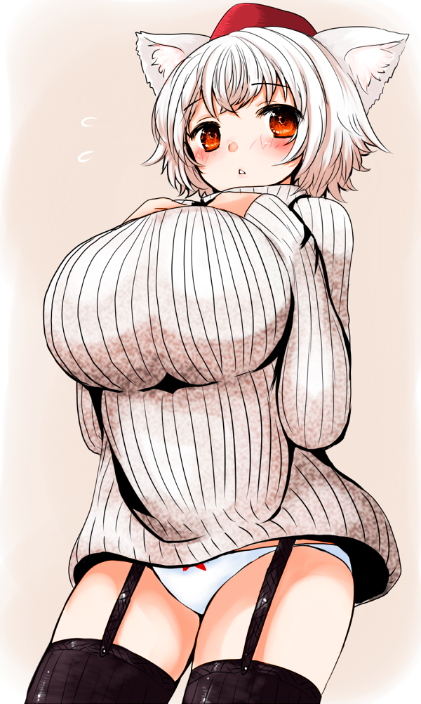 1girls animal_ears black_legwear blush breast_suppress breasts female garter_belt han64 han_(jackpot) hat huge_breasts lingerie momiji_inubashiri orange_eyes panties red_eyes short_hair solo sweater sweater_dress thighhighs touhou underwear white_hair white_panties wolf_ears