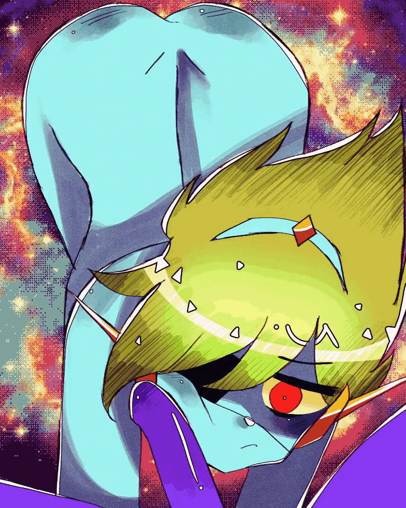 2boys, animated, animated gif, blue skin, captain spaceboy, eyeinfectiion , femboy, green hair, male, male only, omori, penis, penis on face, twink