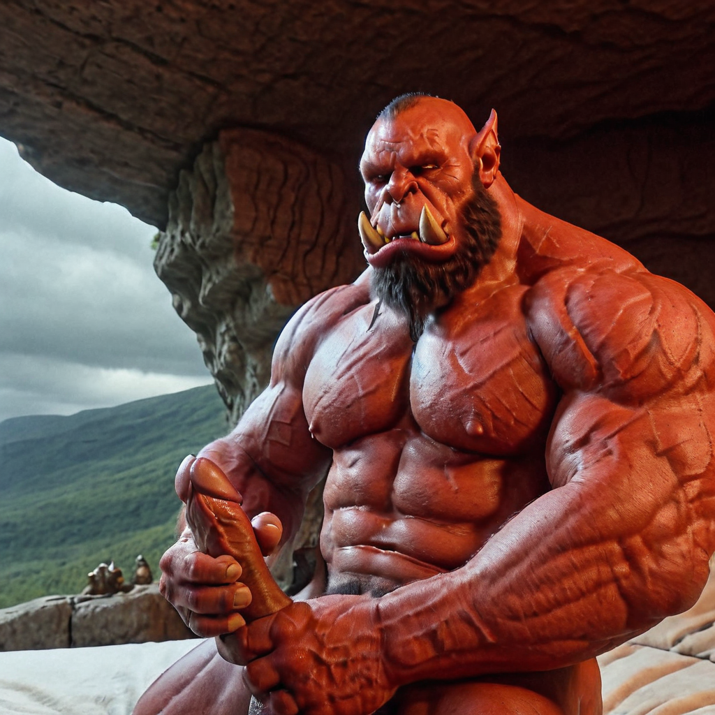 3d ai_generated bara big_muscle big_penis erection huge_cock male muscular muscular_male orc orc_male orced penis red_skin