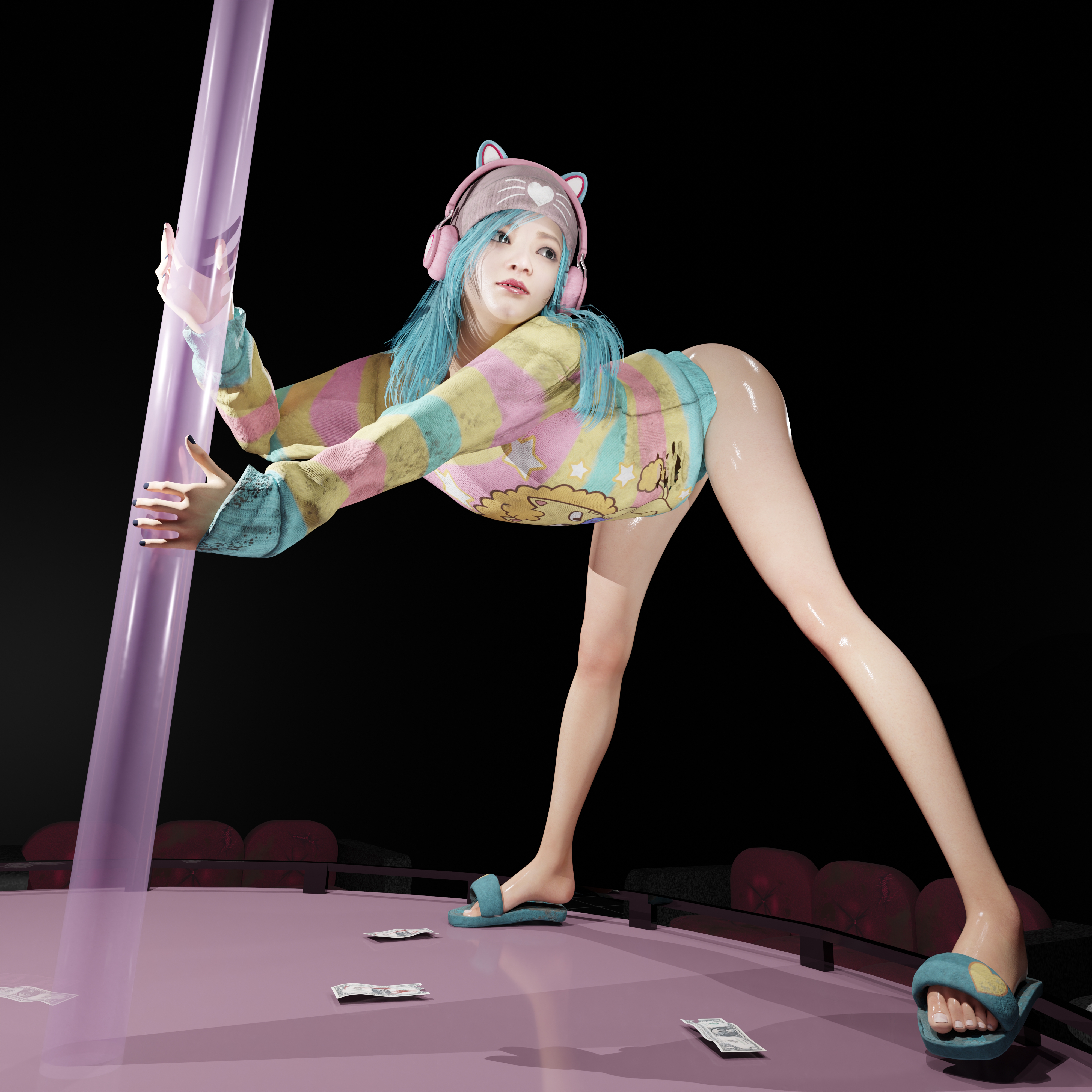 1girls, 3d, asian female, ass, ass focus, back view, beanie hat, blender, blue hair, blue pussy, bottomless, breasts, cat ear headphones, clothing, colored pussy, dbd, dead by daylight, dyed hair, fake cat ears, female, feng min, gamer girl, head down ass up, highres, legs, no panties, pink headphones, presenting, presenting anus, presenting ass, presenting butt, presenting hindquarters, presenting pussy, presenting vagina, pussy, pussy focus, revealing, seductive pose, showing off, simplestuffs, small breasts, solo, spread legs, straight, sweater, twitter username, uncensored