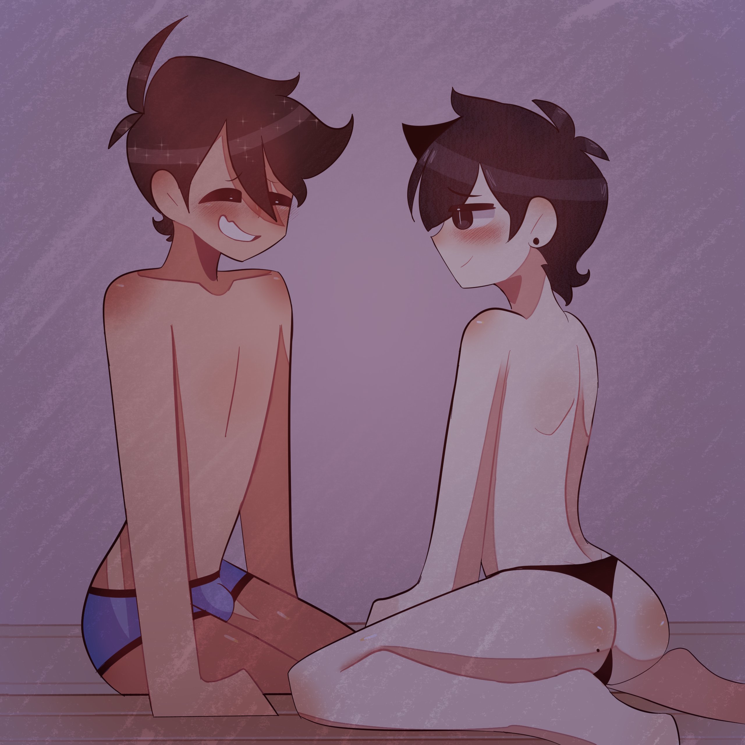 2boys, 2femboys, ass, black hair, blush, brown hair, eyeinfectiion , femboy, feminine male, hero (omori), male, male only, male/male, omori, panties, penis, shy, sunny (omori), twink, underwear only