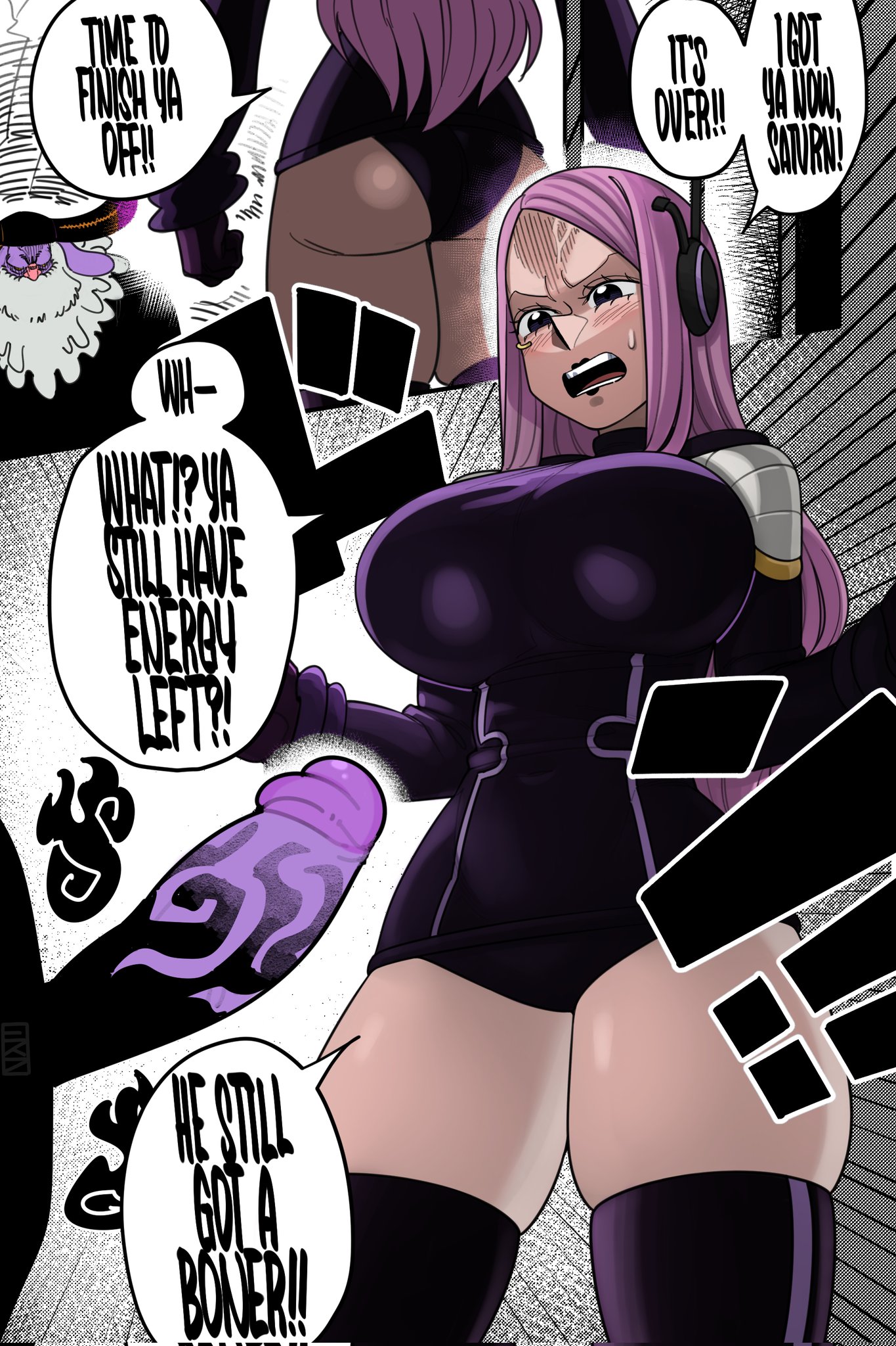 1boy, 1girls, ass, big ass, big breasts, breasts, clothing, dialogue, egghead, ekz, female, imminent paizuri, jewelry bonney, male, monster cock, one piece, one piece: egghead arc, penis, pink hair, pink-haired female, st.j.garcia saturn, straight, text, thick thighs
