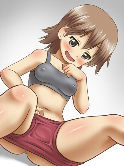 aioi yuuko, awa, blush, bra, breasts, brown eyes, brown hair, erect nipples, female, female only, gradient background, gym shorts, medium breasts, medium hair, naughty face, navel, nichijou, nipples, nipples visible through clothing, pants pulled down, sitting, smile, solo, underwear