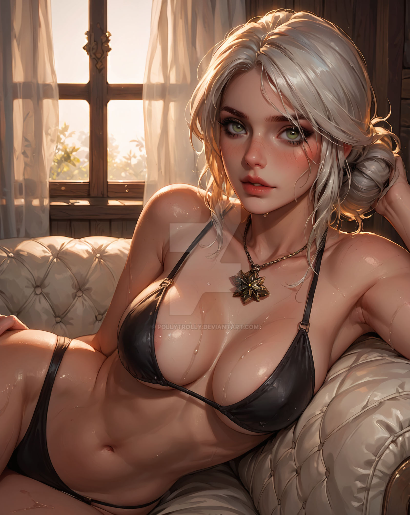 ai generated, armpits, breasts, ciri, female, green eyes, light skin, light-skinned female, looking at viewer, mascara, necklace, nipples visible through clothing, pollytrolly, solo, swimsuit, the witcher (series), the witcher 3: wild hunt, watermark, wet body, white hair