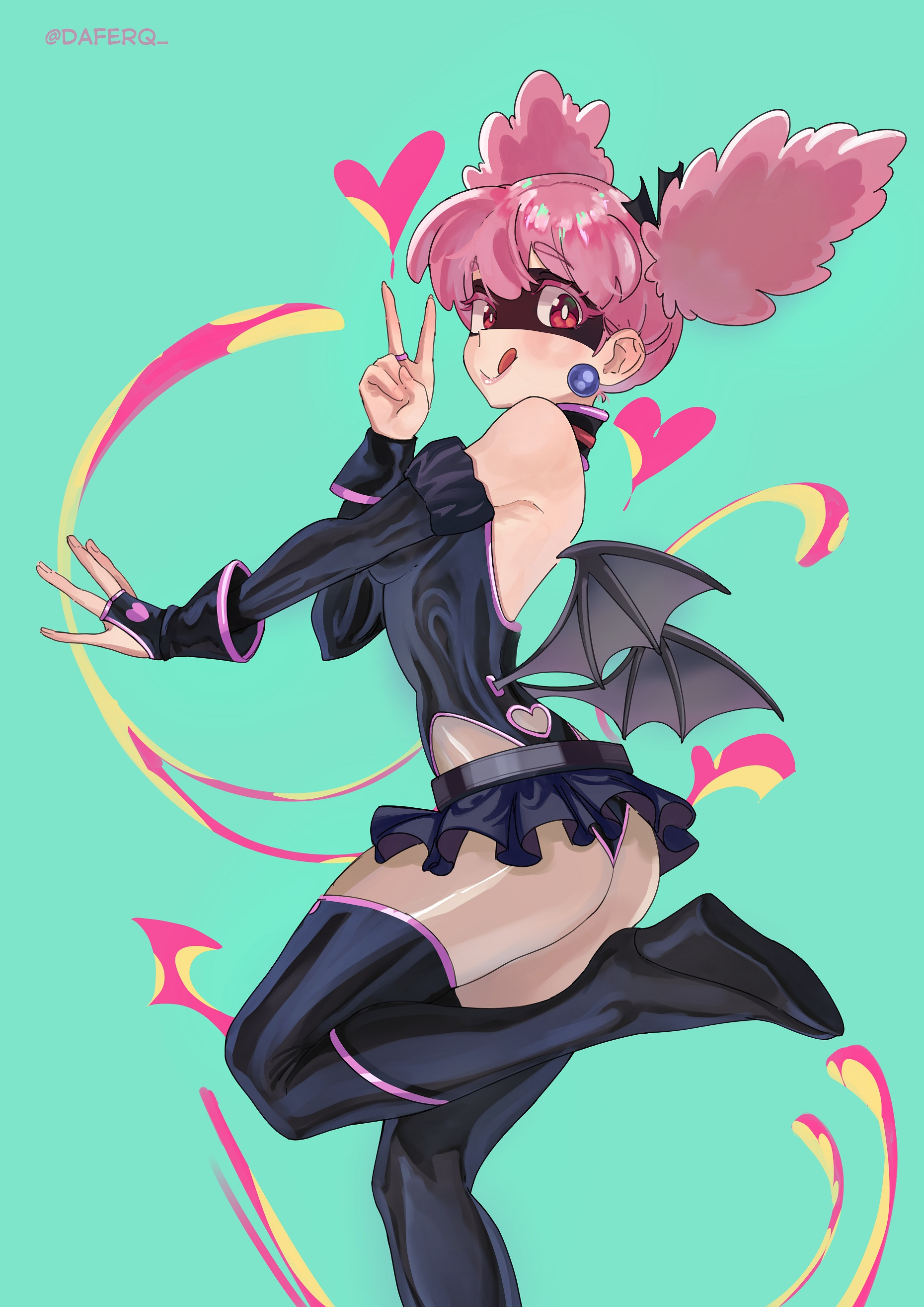 1girls, bangs, bat wings, bodysuit, boku no hero academia, breasts, daferq, detached sleeves, earrings, eye mask, female, female focus, female only, fingerless gloves, haneyama kazuho, heart, heart cutout, leotard, light skin, light-skinned female, looking at viewer, mask, medium breasts, miniskirt, my hero academia, pale skin, pale-skinned female, pigtails, pink hair, pink ring, pop step, red eyes, ring, shoulders, skirt, solo, solo female, solo focus, superhero costume, thighhighs, tongue, tongue out, v, v sign, vigilante: my hero academia illegals, wide hips, wings