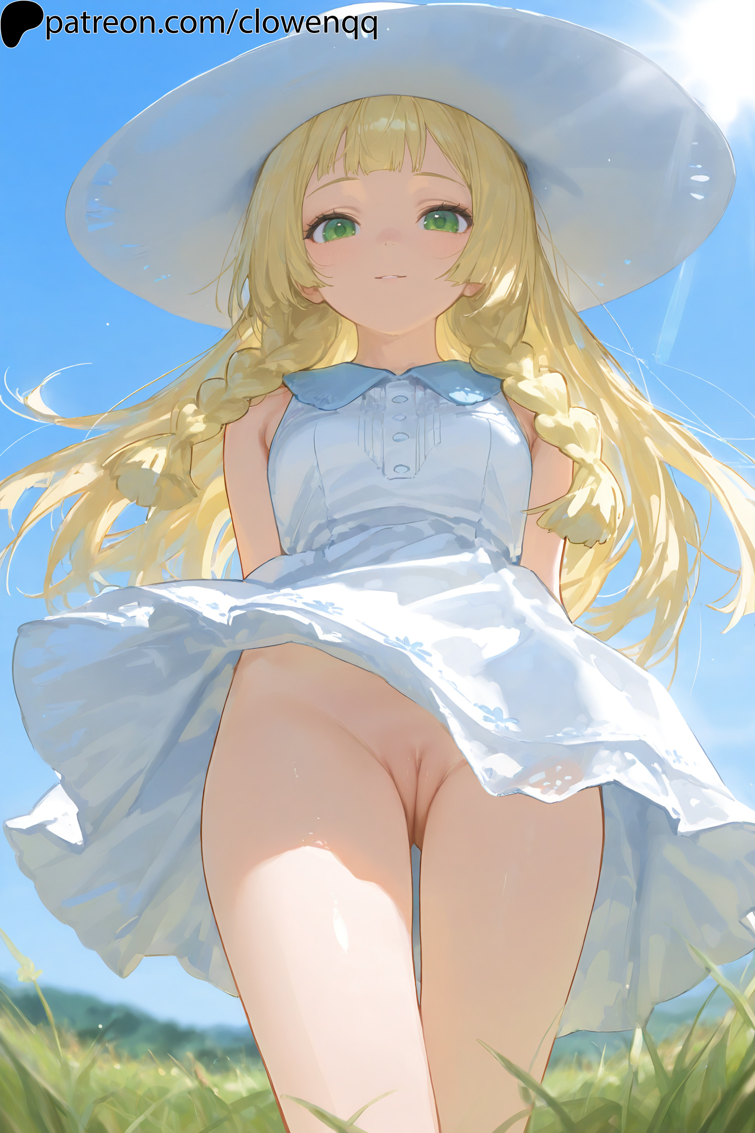1girls, ai generated, arms behind back, bangs, blonde hair, bottomless, cleft of venus, clowenqq, dress, female, female focus, female only, from above, green eyes, innie pussy, lillie (pokemon), long hair, looking at viewer, looking down, nintendo, no panties, outdoors, pokemon, pokemon sm, pussy, sleeveless, sleeveless dress, solo, solo female, solo focus, standing, sun hat, thighs, twin braids, uncensored, white dress