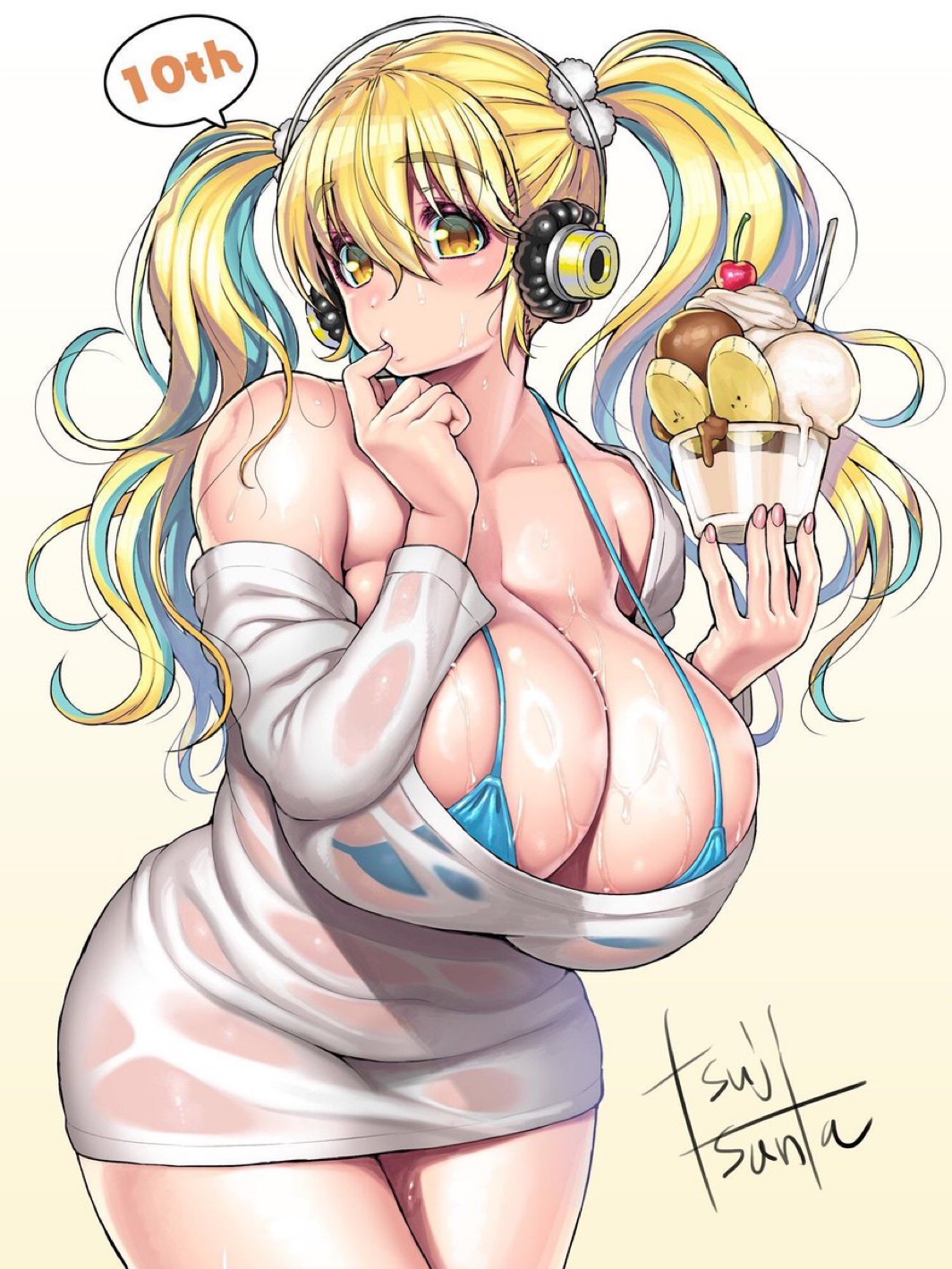 1girls, bbw, big breasts, blonde female, blonde hair, blonde-haired female, blue bikini top, blue highlights, breasts, breasts bigger than head, chubby, chubby female, curvaceous, curvy, curvy figure, dessert, fair-skinned female, fat, female, finger in mouth, food, food in hand, giant breasts, giant tits, head tilt, headphones, holding food, huge breasts, ice cream, massive breasts, muffin top, nitroplus, official art, shiny skin, simple background, solo, super pochaco, thick thighs, thunder thighs, transparent clothing, tsuji santa, twintails, two-tone hair, venus body, wet shirt, wet skin, white background, yellow eyes